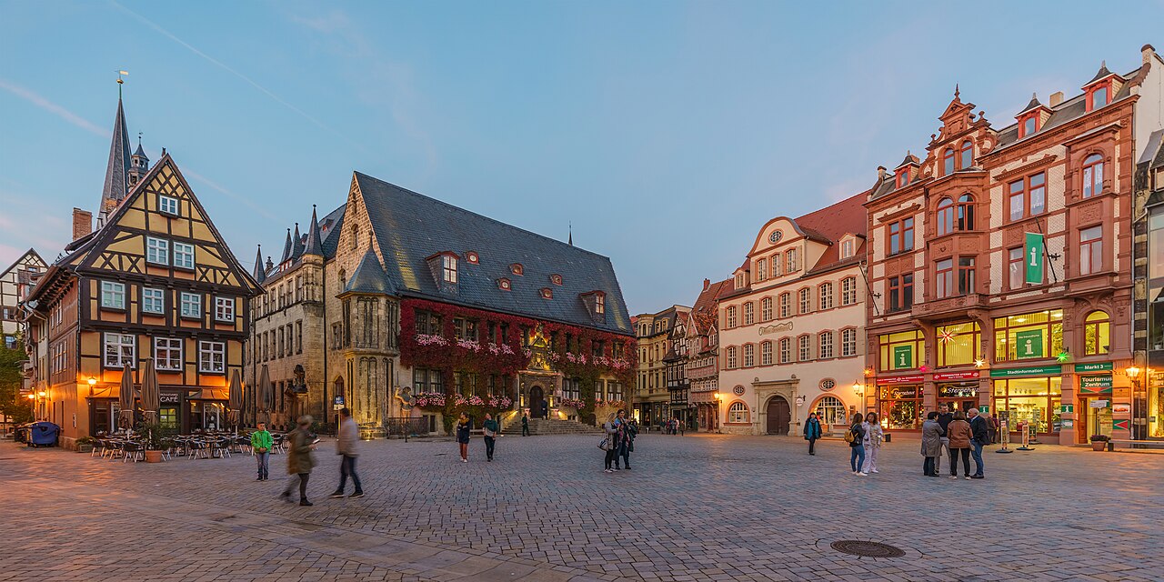 The Market Square (Markt) of Quedlinburg, Saxony-Anhalt, Germany — the timber-framed half-timbered houses (Fachwerk) of the medieval market centre of the UNESCO-inscribed Collegiate Church, Castle and Old Town of Quedlinburg, the cradle of the German nation and the court of the Ottonian dynasty where Henry I and Otto I ruled, with 1,300 surviving Fachwerk buildings from the 13th to the 18th century
