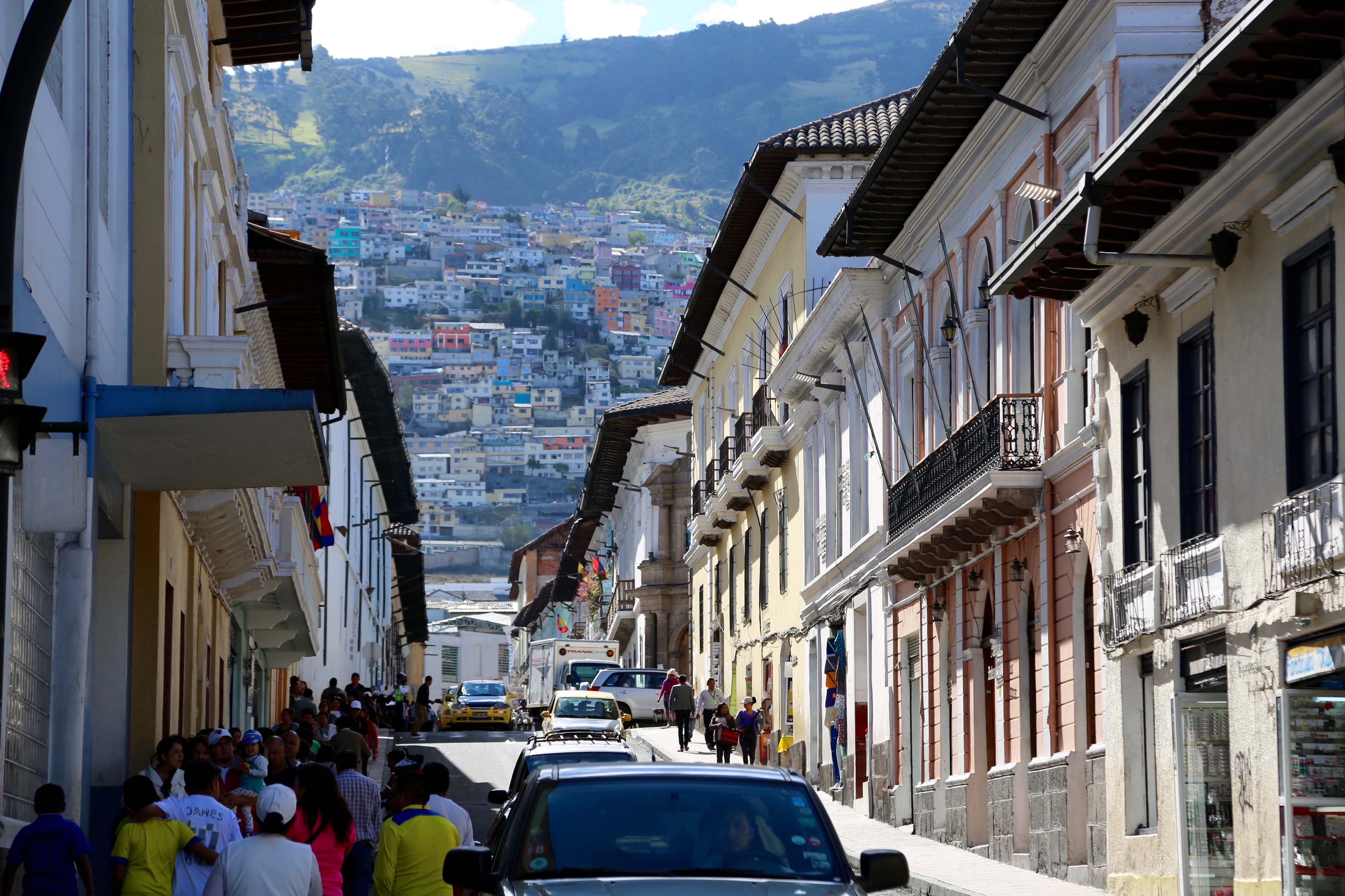 Aerial view of Quito historic colonial city centre at dusk, Ecuador