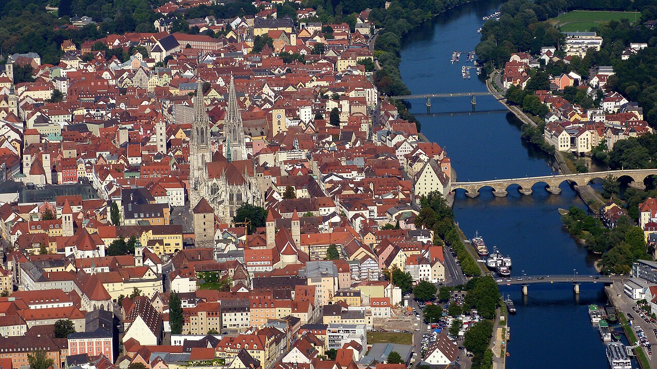 Aerial view of the historic Old Town of Regensburg with the Stone Bridge, Cathedral, and Danube River, Bavaria, Germany
