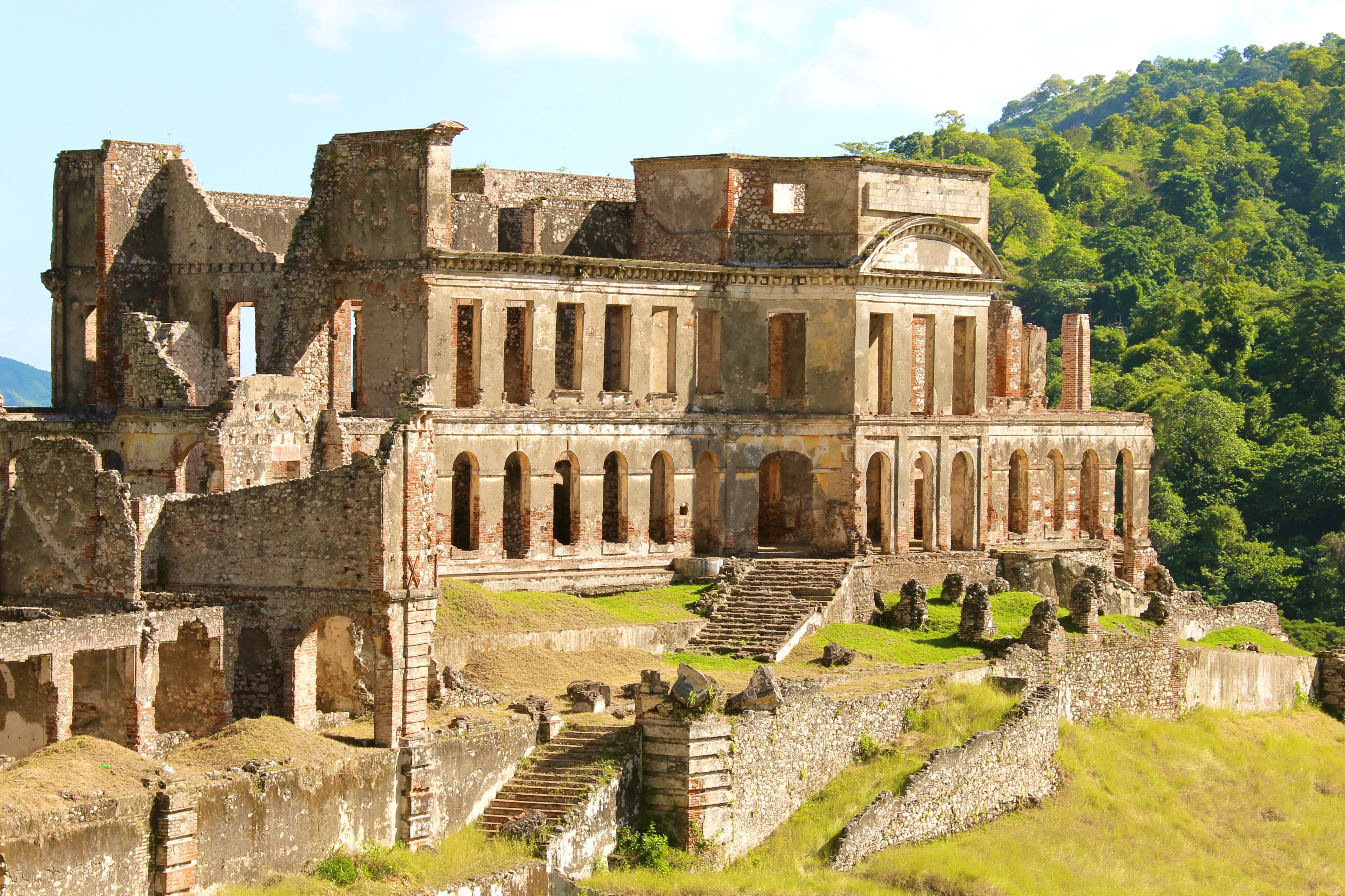 Roofless ruins of Sans Souci Palace facade in Milot northern Haiti