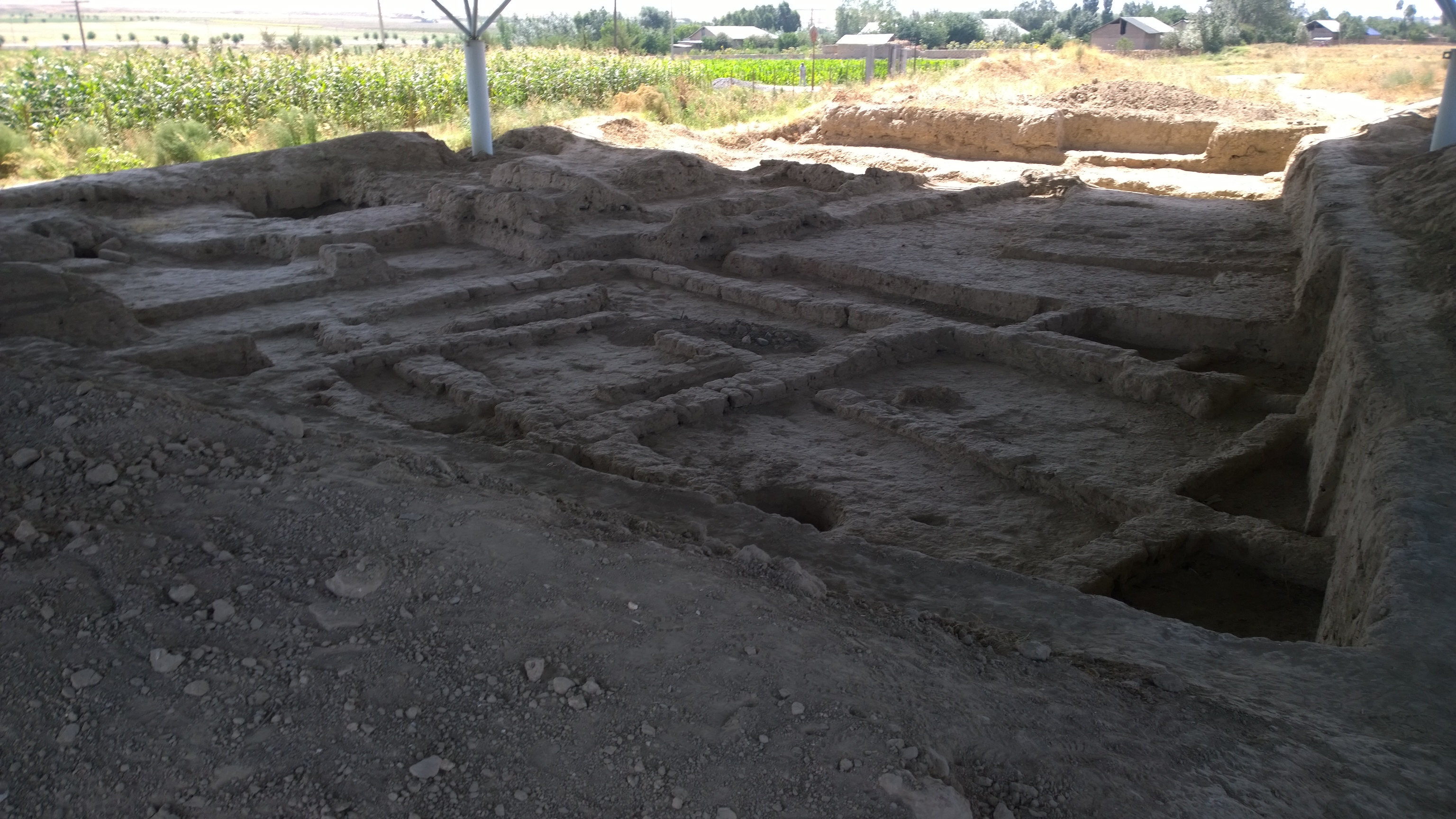 Excavated mudbrick walls and foundations at the Sarazm archaeological site near Panjikent