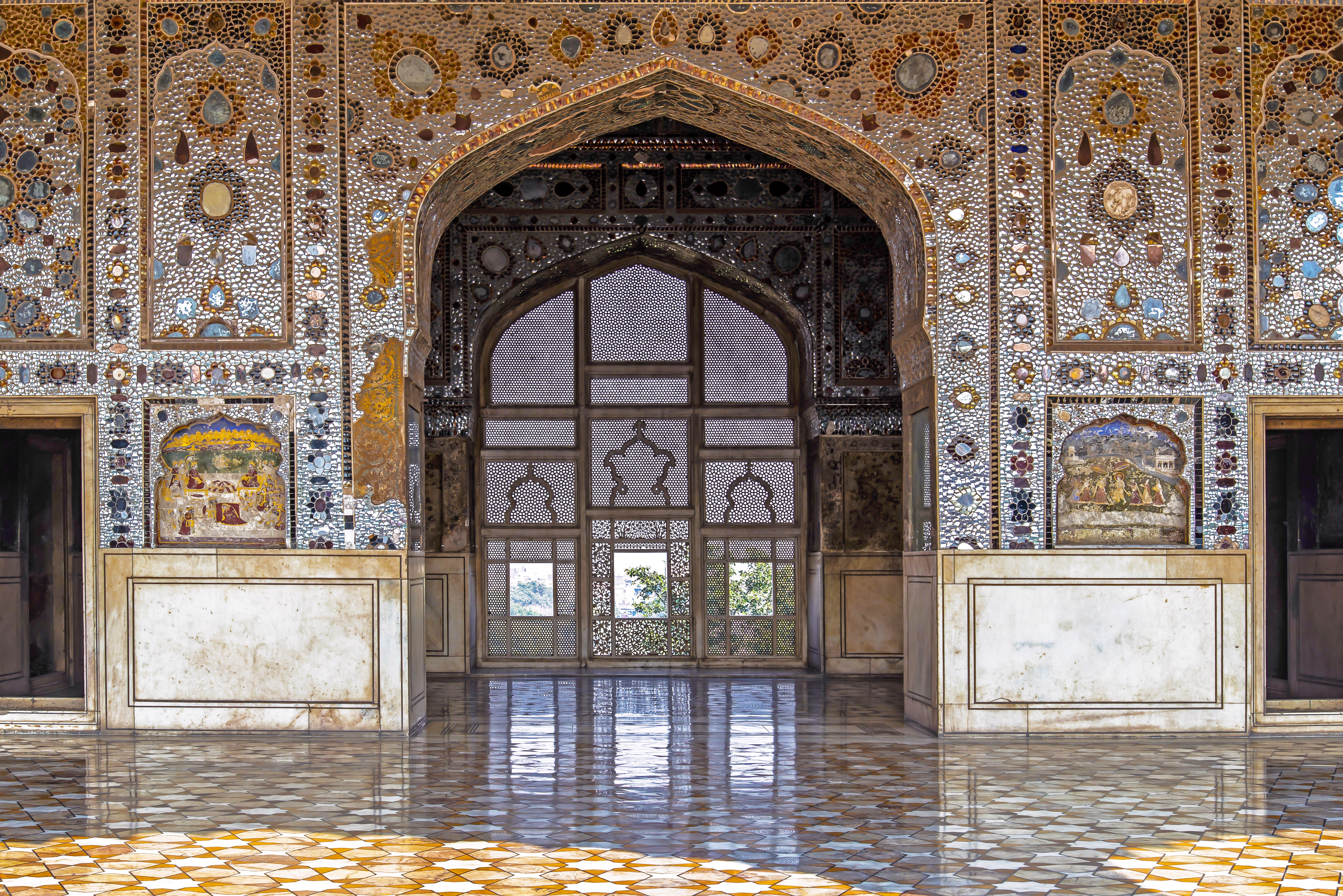 Sheesh Mahal interior mirrored ceiling and arches Lahore Fort Pakistan