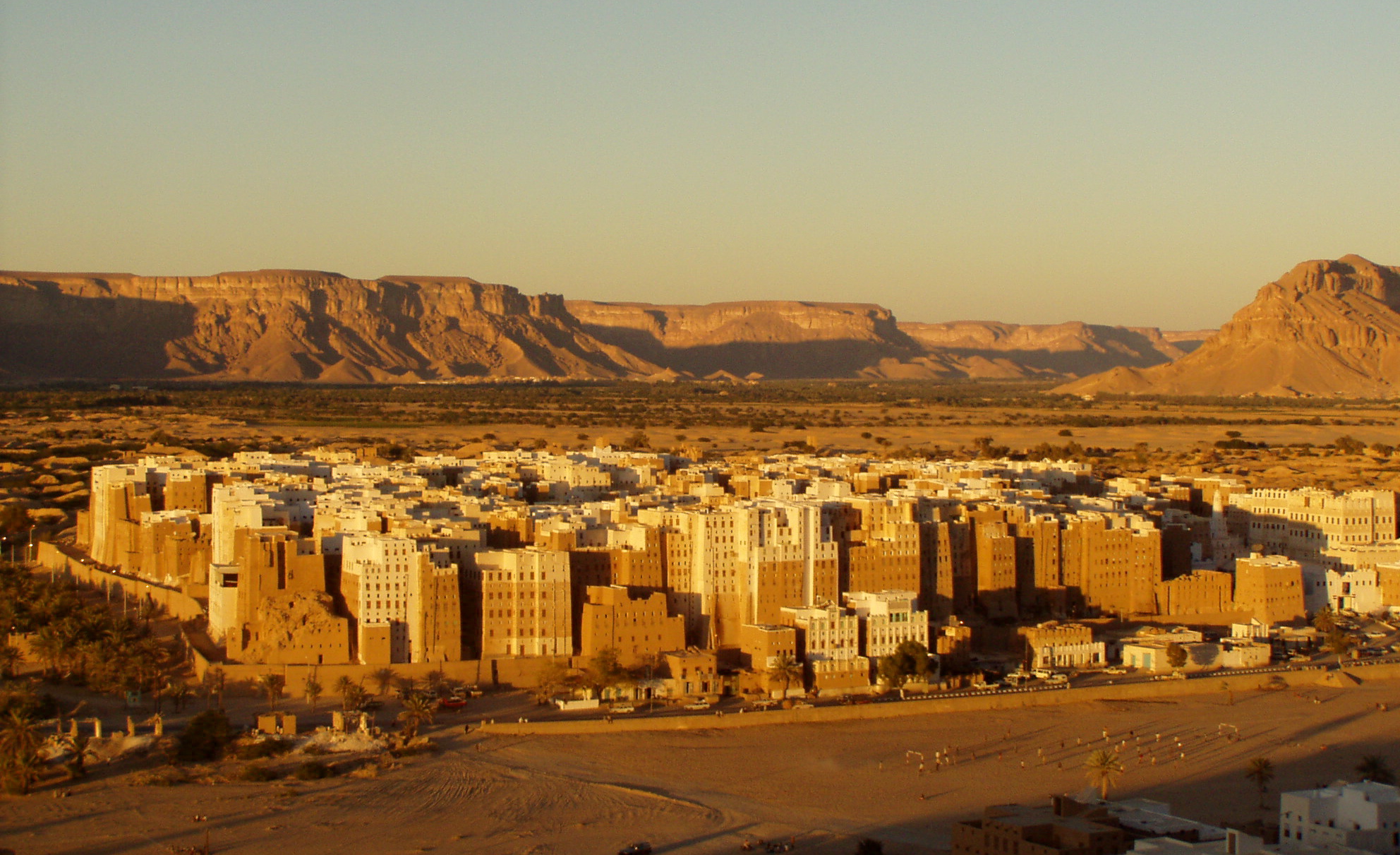 Mud-brick high-rise towers of Shibam rising from the Hadhramaut Valley desert floor