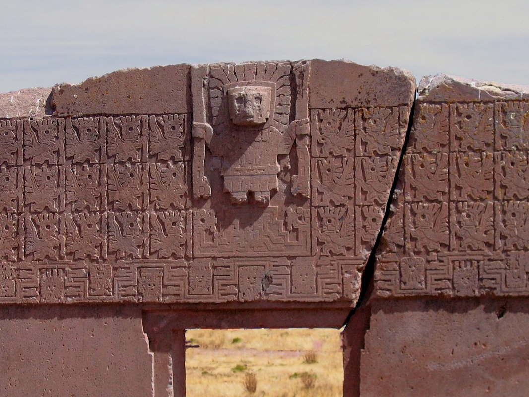 Gate of the Sun monolithic carved stone arch at Tiwanaku Bolivia altiplano