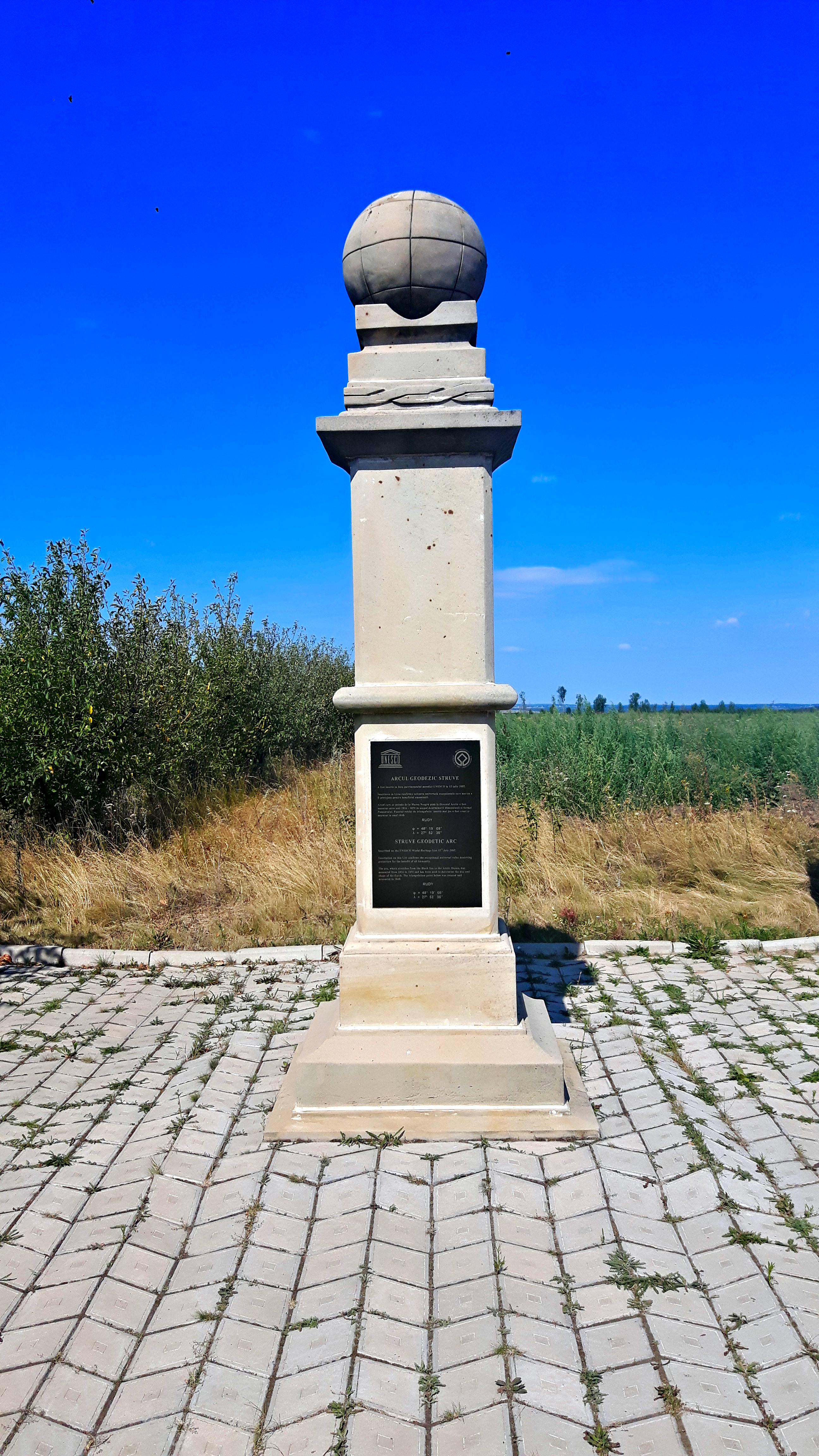 Stone monument marking the Rudi triangulation point of the Struve Geodetic Arc in northern Moldova