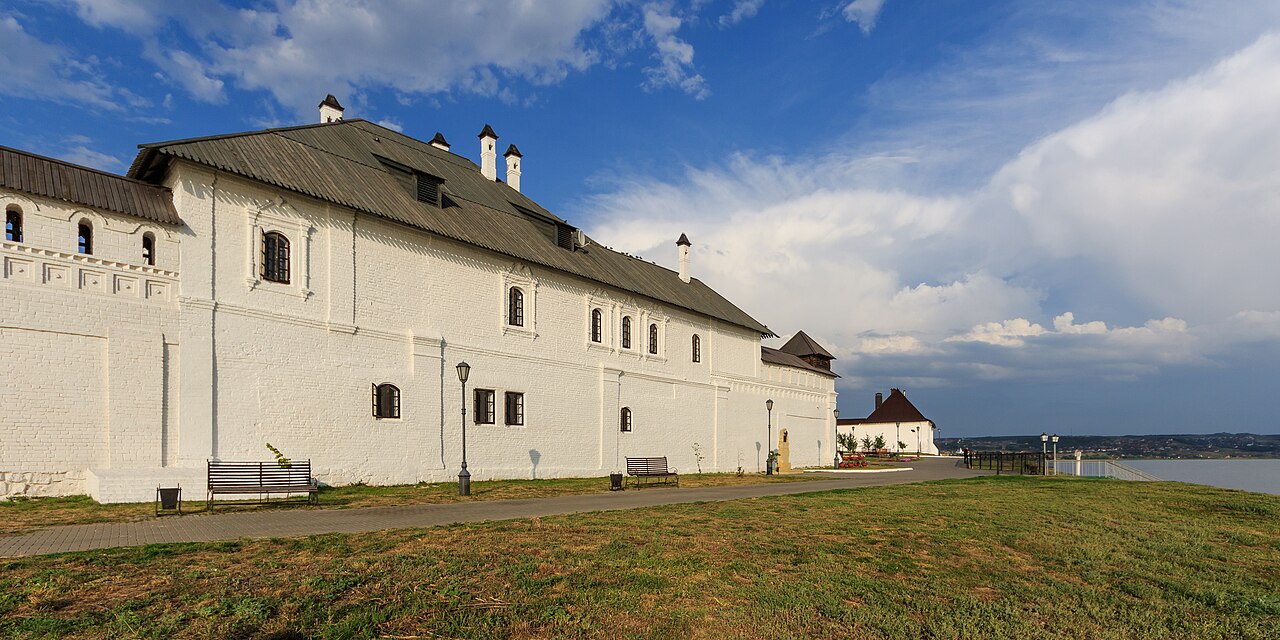 Assumption Monastery of Sviyazhsk white walls and cathedral on island hill