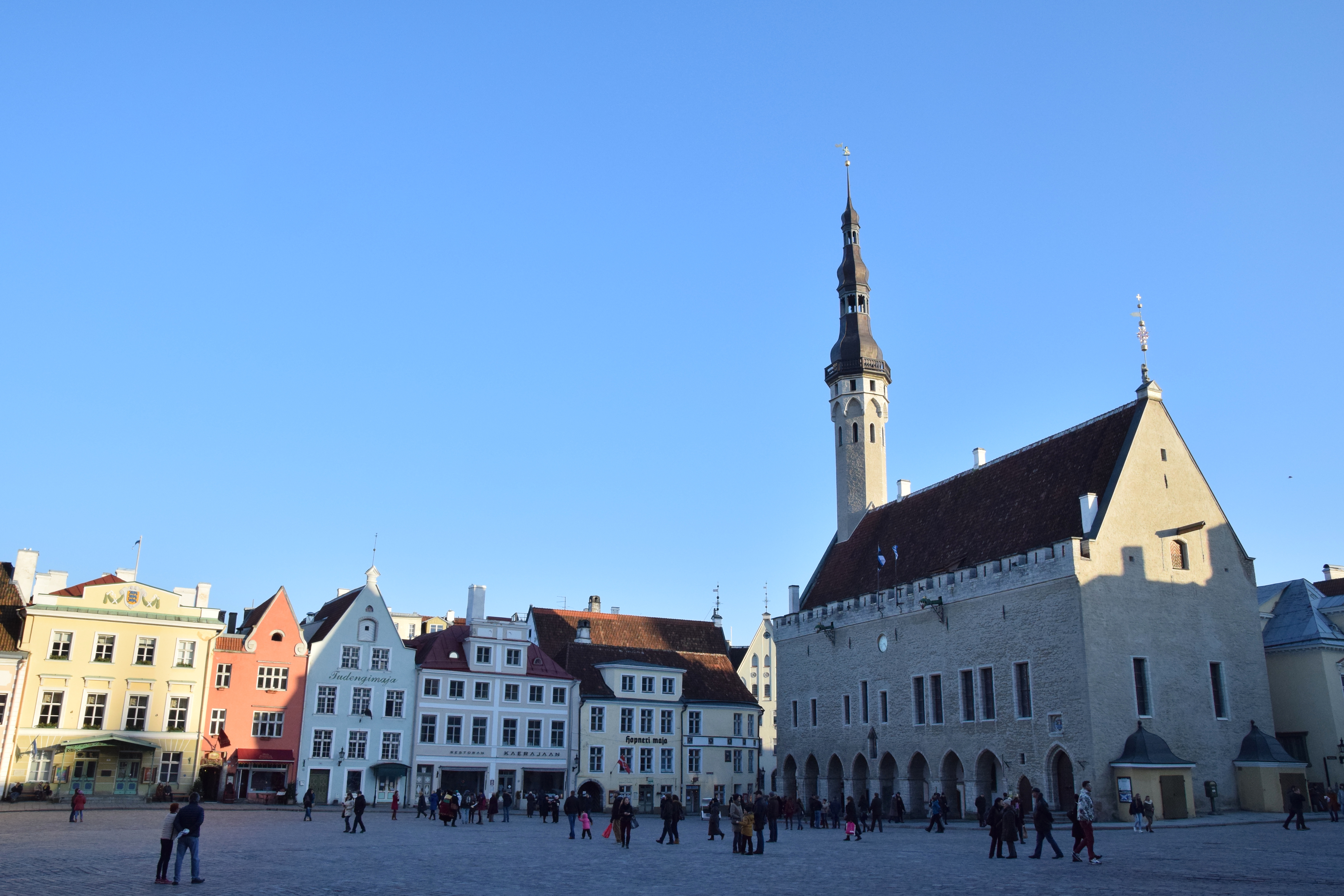 Gothic Tallinn Town Hall and Raekoja Plats square on a winter day