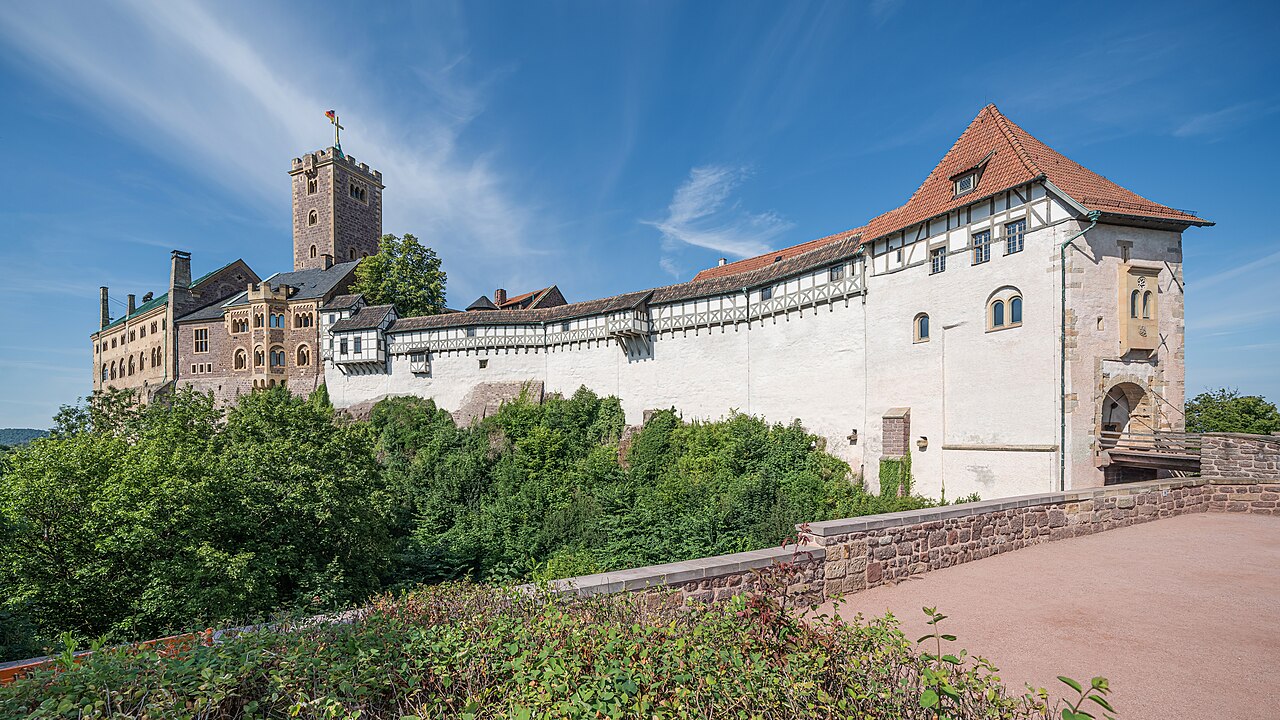 Wartburg Castle on its forested hilltop above Eisenach, Thuringia, Germany