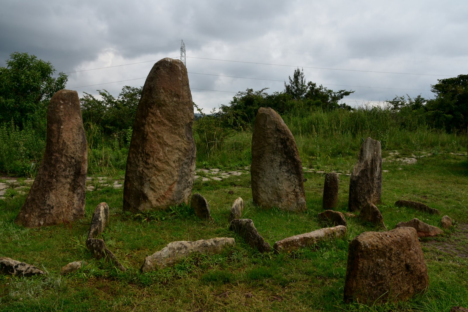 Row of engraved standing stones at the Tiya stelae field, south-central Ethiopia