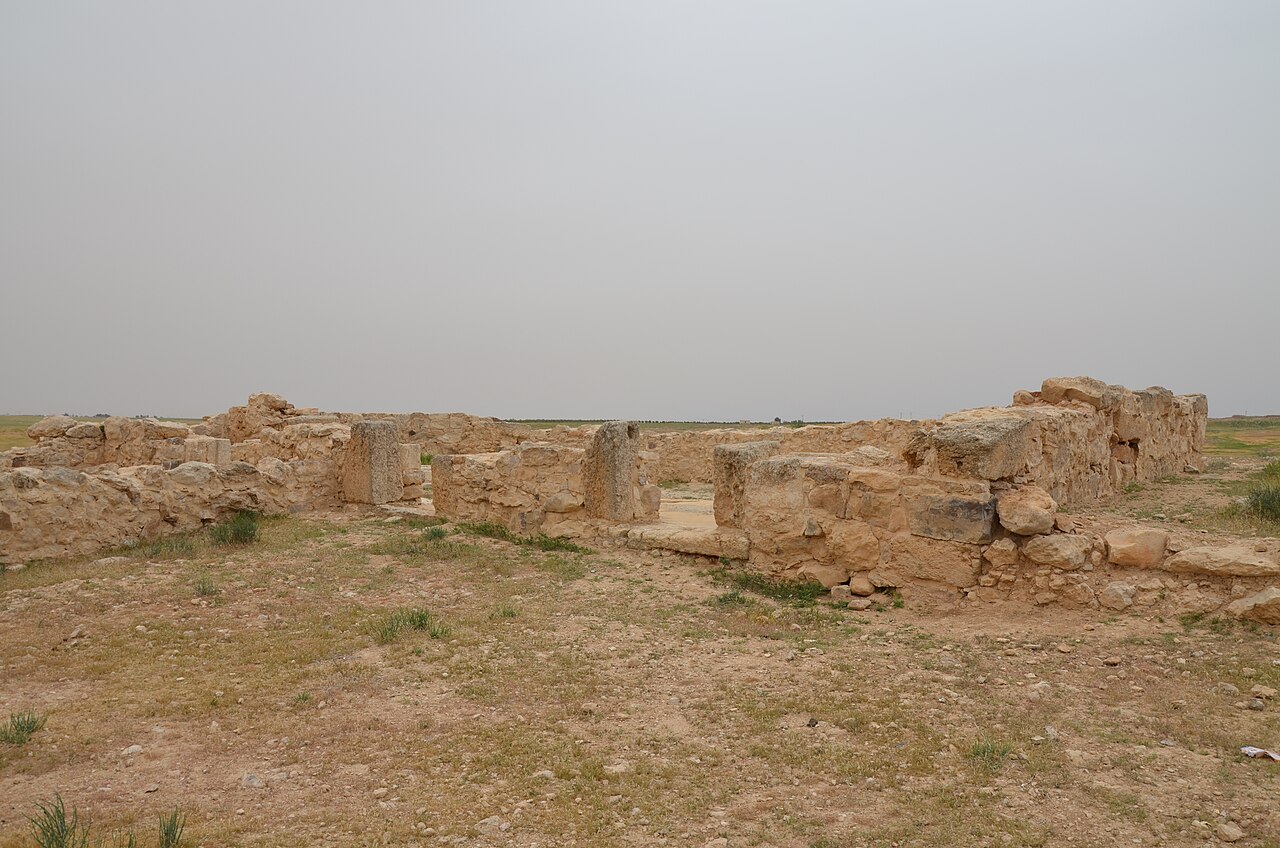 Ruins at Um er-Rasas (Kastrom Mefa'a), Jordan — the Byzantine-era walled town with the mosaic floor of St Stephen's church and a 14-metre stylite tower in the surrounding desert
