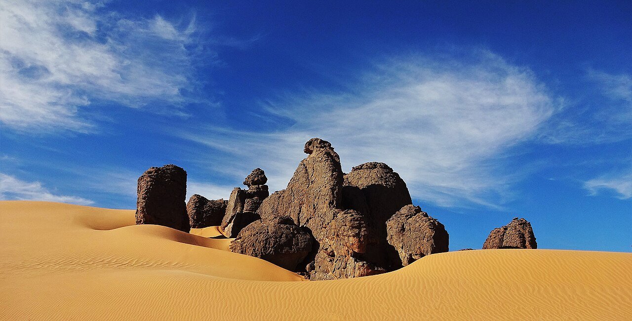 Eroded sandstone rock formations on the Tassili n'Ajjer plateau, Sahara Desert, Algeria