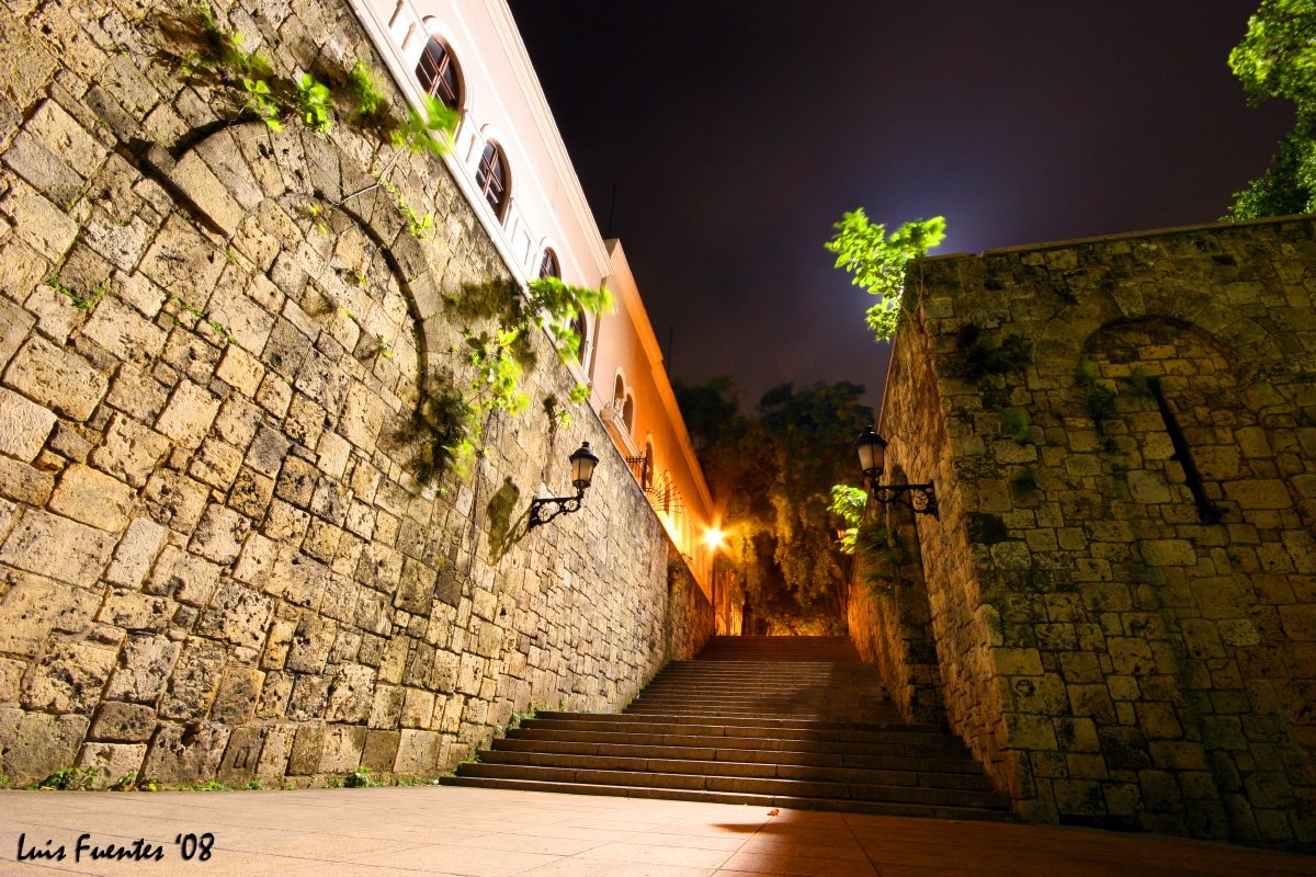 Cobblestone street in the Zona Colonial of Santo Domingo lined with colonial architecture