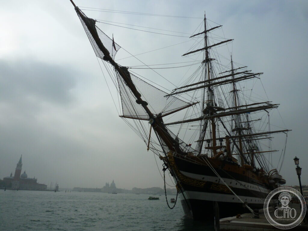 The masts and standing rigging of the Amerigo Vespucci seen from the quay