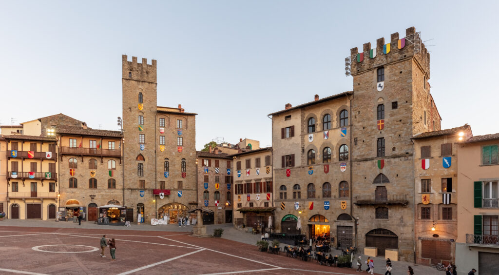 The Renaissance Vasari loggia overlooking the sloping Piazza Grande in Arezzo