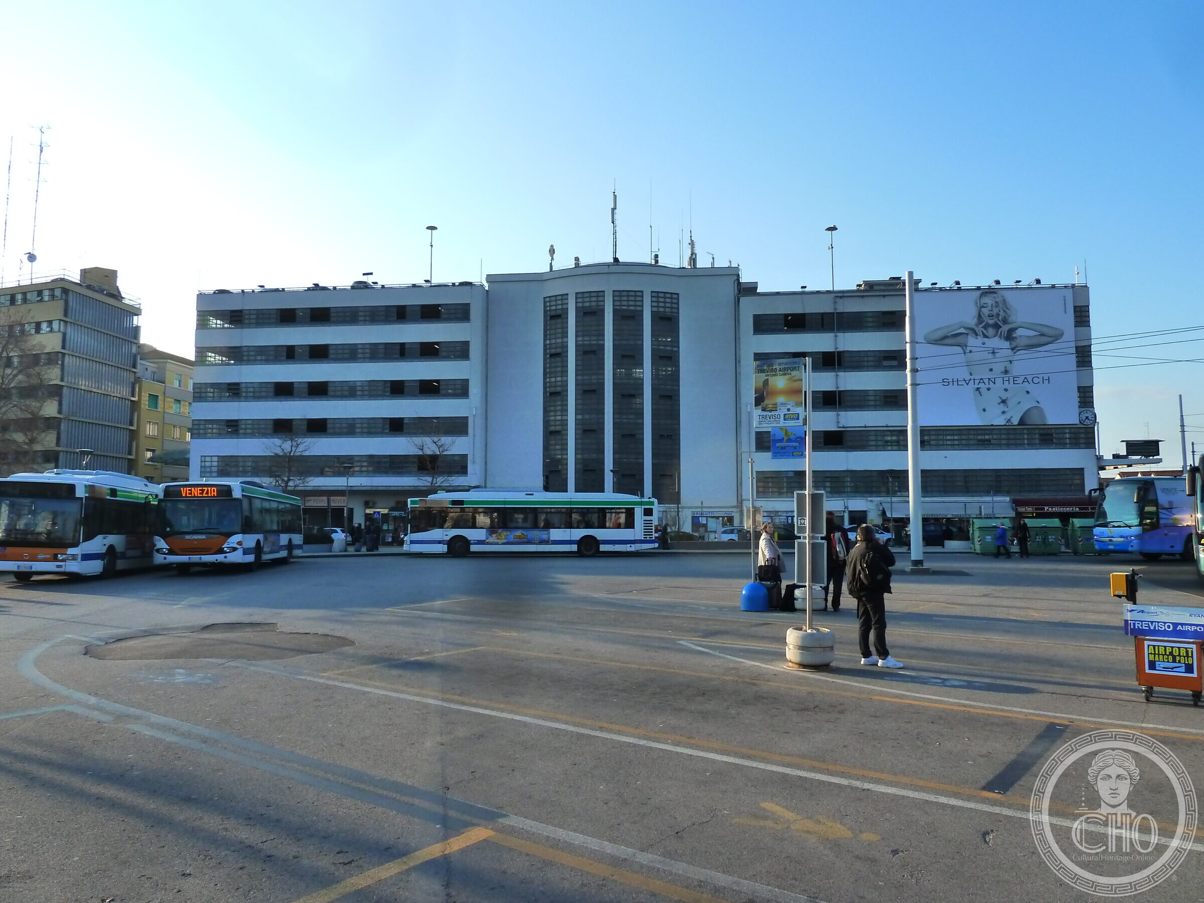 The Autorimessa Comunale seen across Piazzale Roma, with buses in front of it