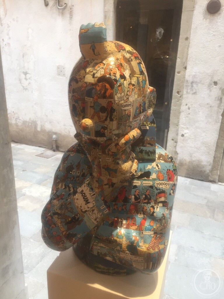 Close-up of a pop-art sculpted bust collaged with Tintin comic strips, Bel-Air Fine Art, Dorsoduro, Venice
