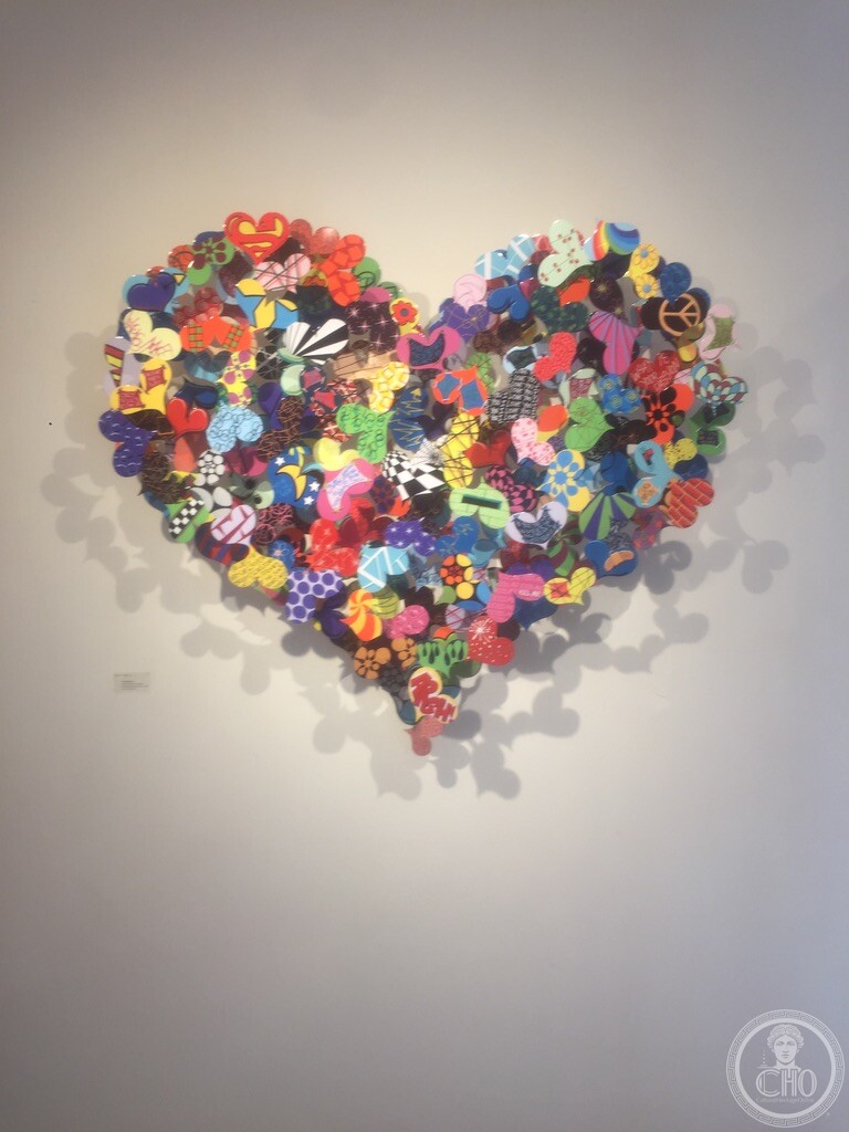 Large heart-shaped wall sculpture composed of multicolored butterflies and pop motifs, Bel-Air Fine Art, Dorsoduro, Venice