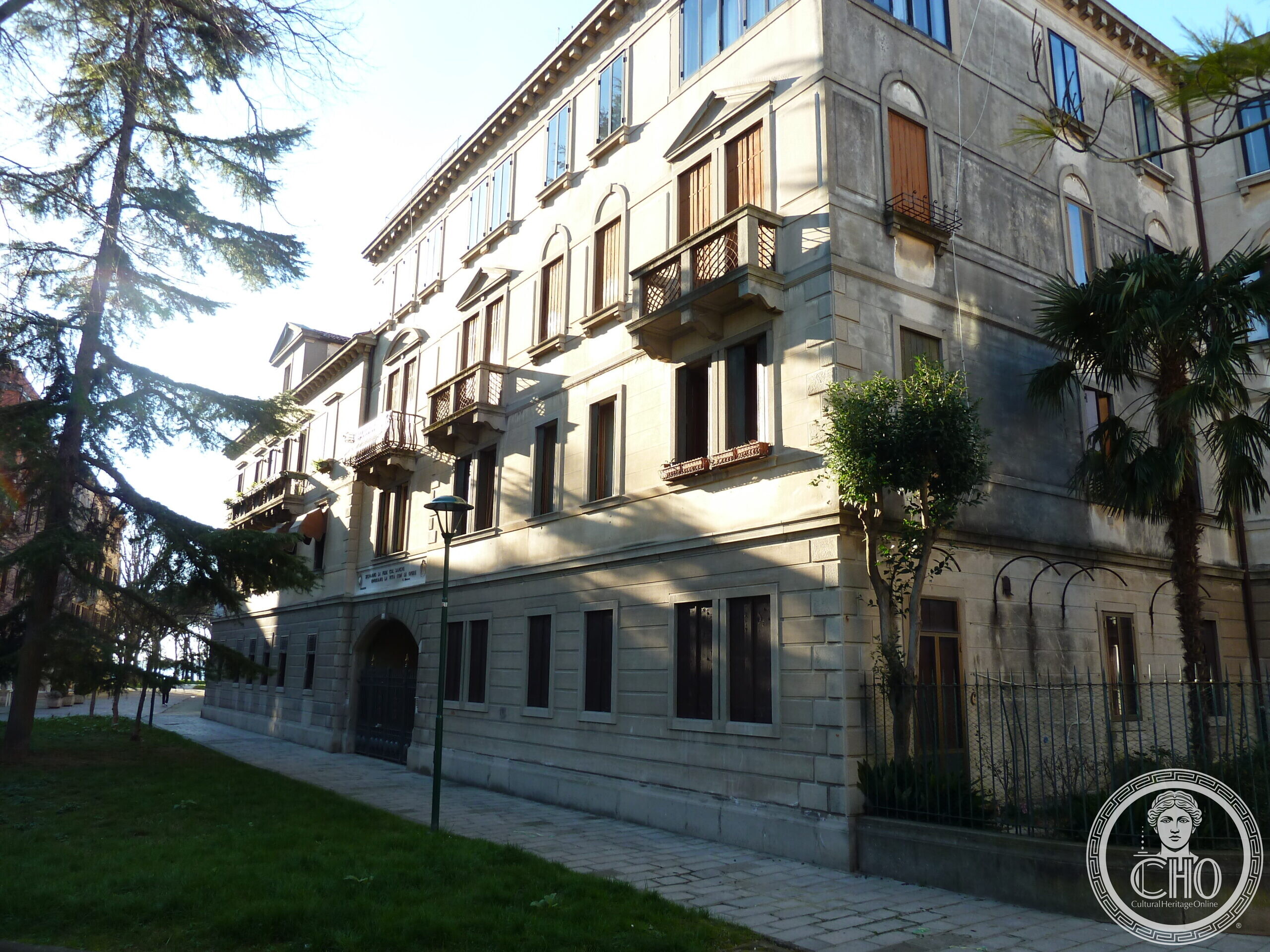 Eclectic-style apartment building on Campo Marco Stringari, Sant'Elena, Venice, with a civic inscription