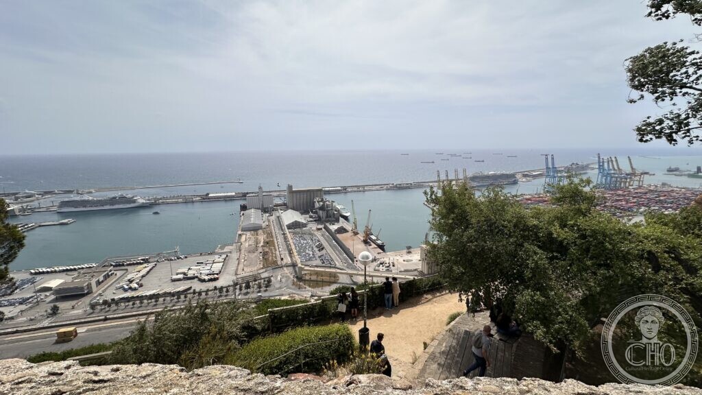 View from the walls of Castell de Montjuïc over the port of Barcelona's container terminals and the Mediterranean