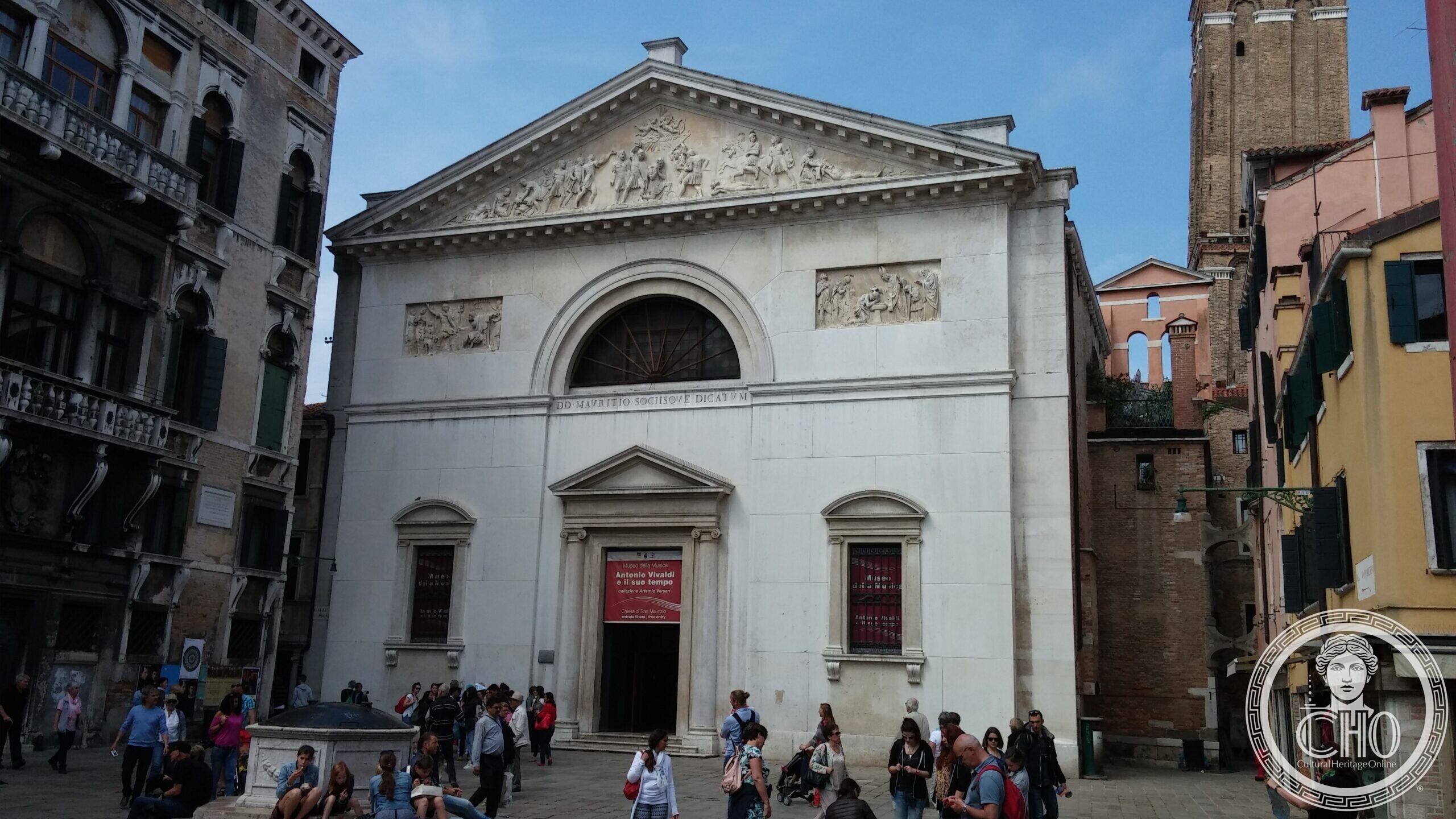 The city plaque on the church of San Maurizio in Venice, naming the neoclassical facade by Selva and Diedo