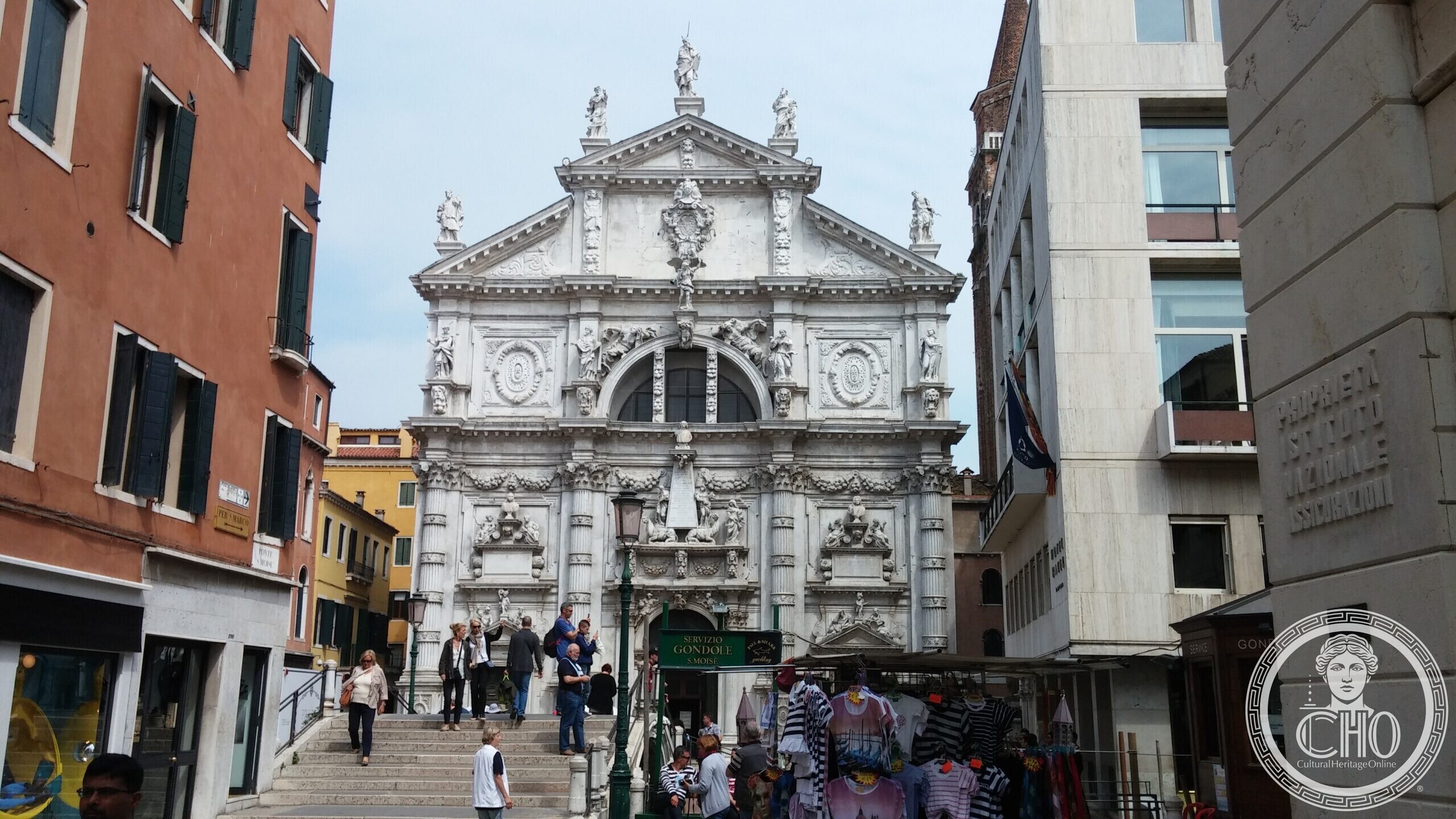 The church of San Moise in Venice seen from the campo, beside the modern wing of the Hotel Bauer