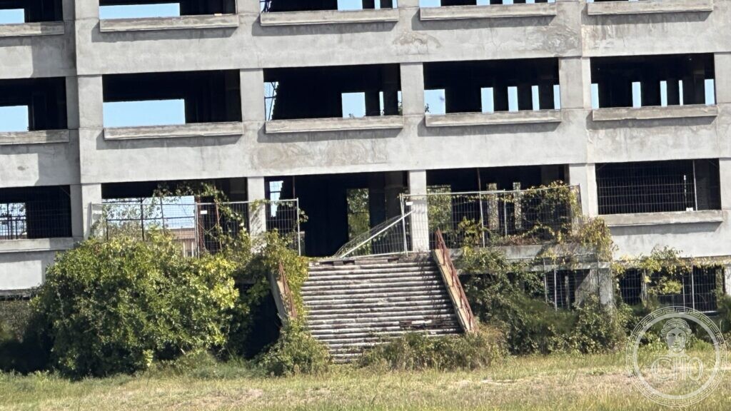 The wide central staircase of the colony, closed by fencing and invaded by brambles