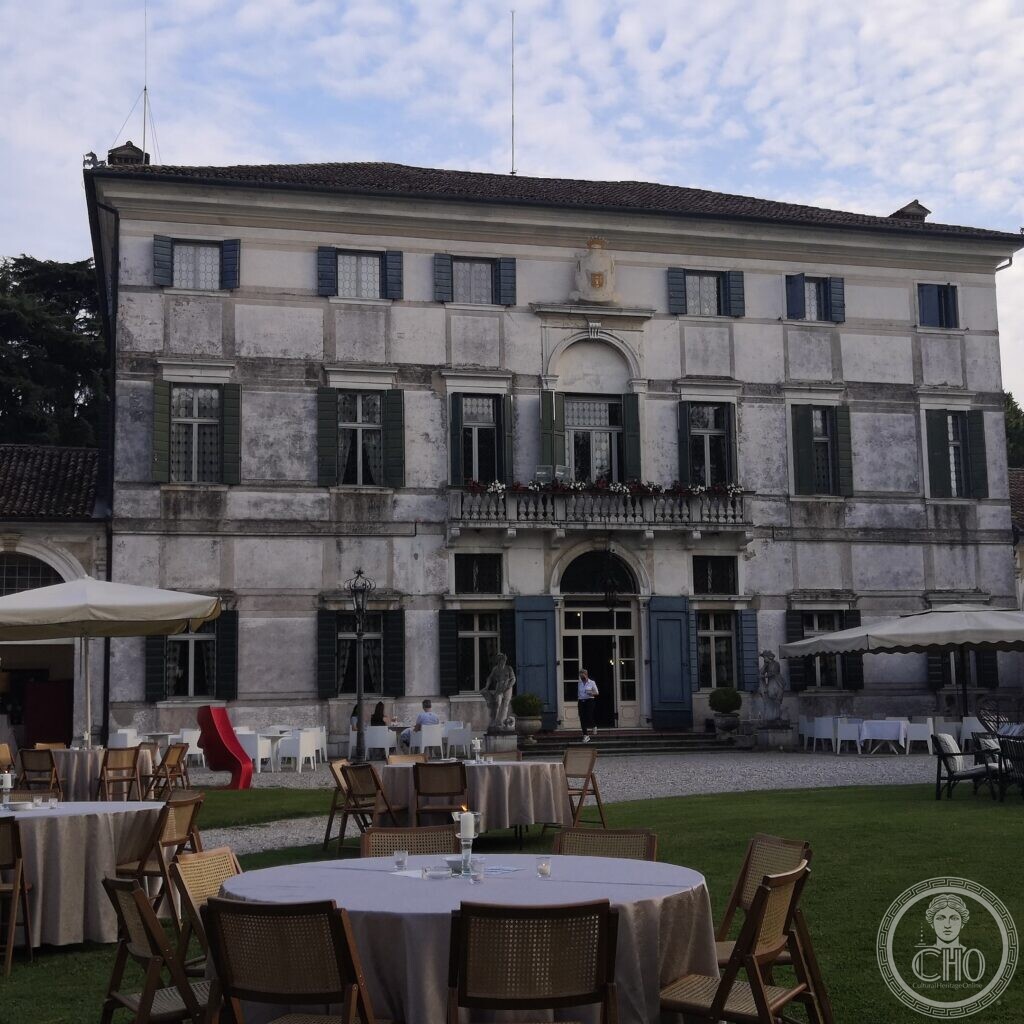 The white main facade of Villa Condulmer, a Venetian villa at Mogliano Veneto