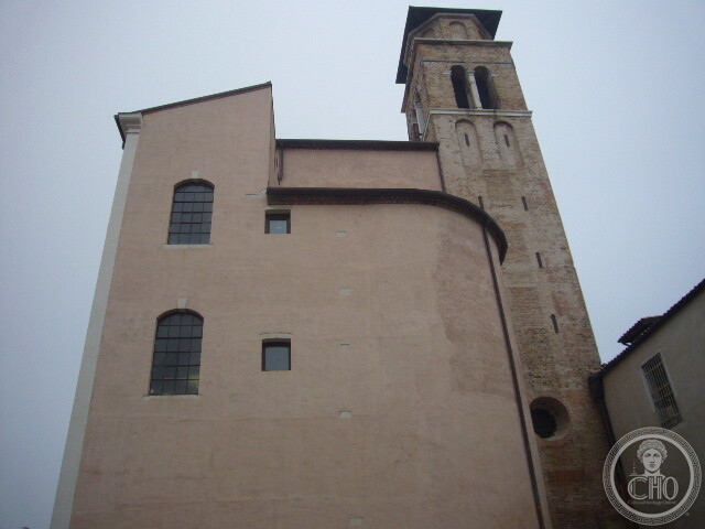 Apse and bell tower of the former church of Santi Cosma e Damiano seen from the convent side