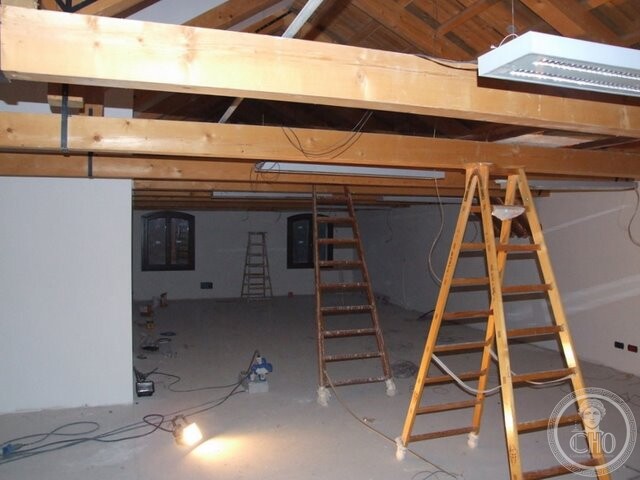 Roof trusses and ladders inside the former church during the 2008 restoration works