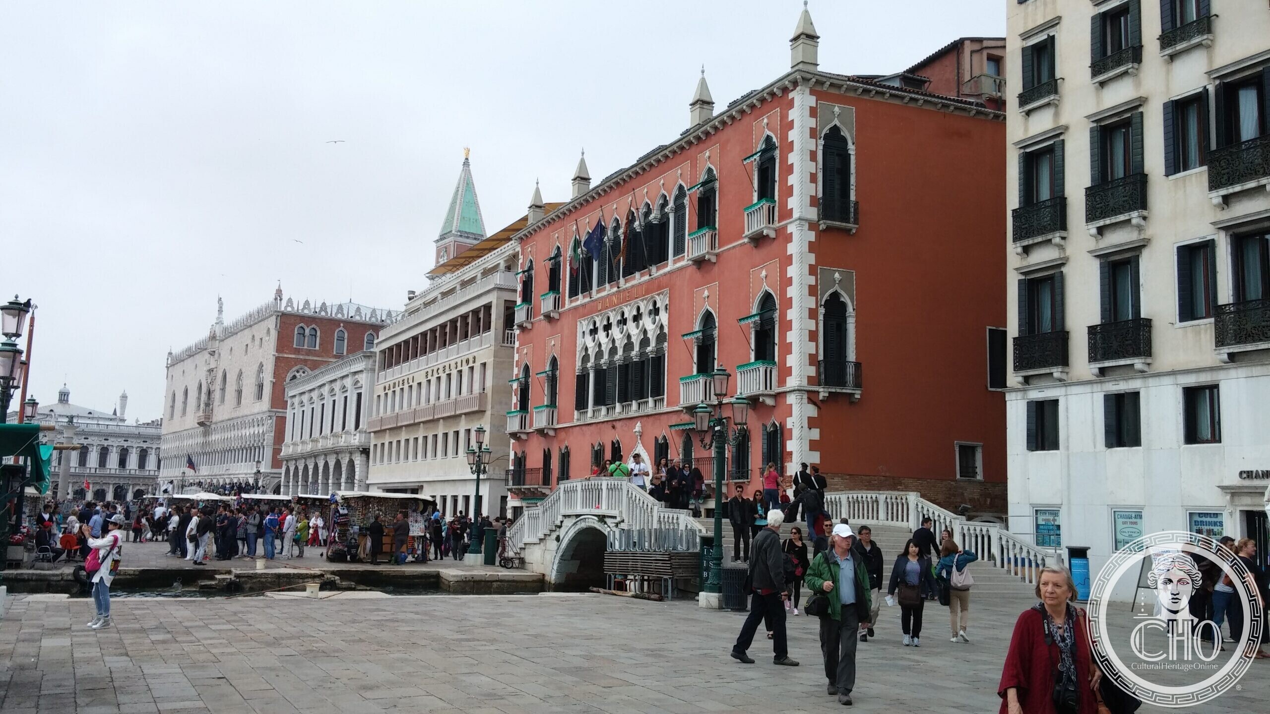 The three buildings of the Hotel Danieli in Venice side by side on the Riva, from the Gothic palace to the twentieth-century wing