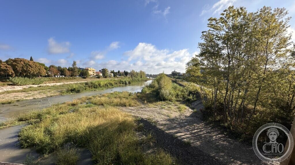 The channel from the bridge with clean stone slopes and reprofiled gravel banks