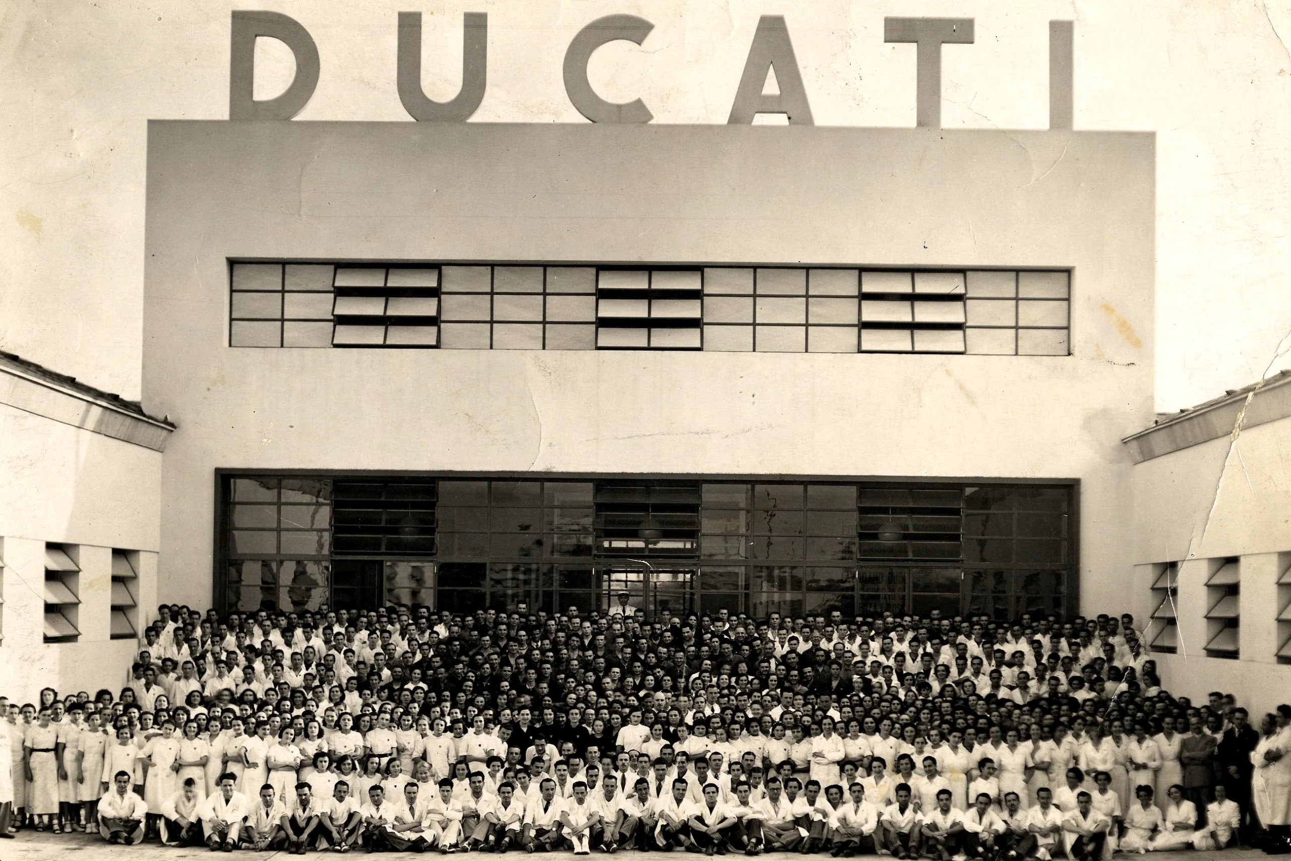 Rationalist brick facade of the Ducati factory in Borgo Panigale photographed in 1939