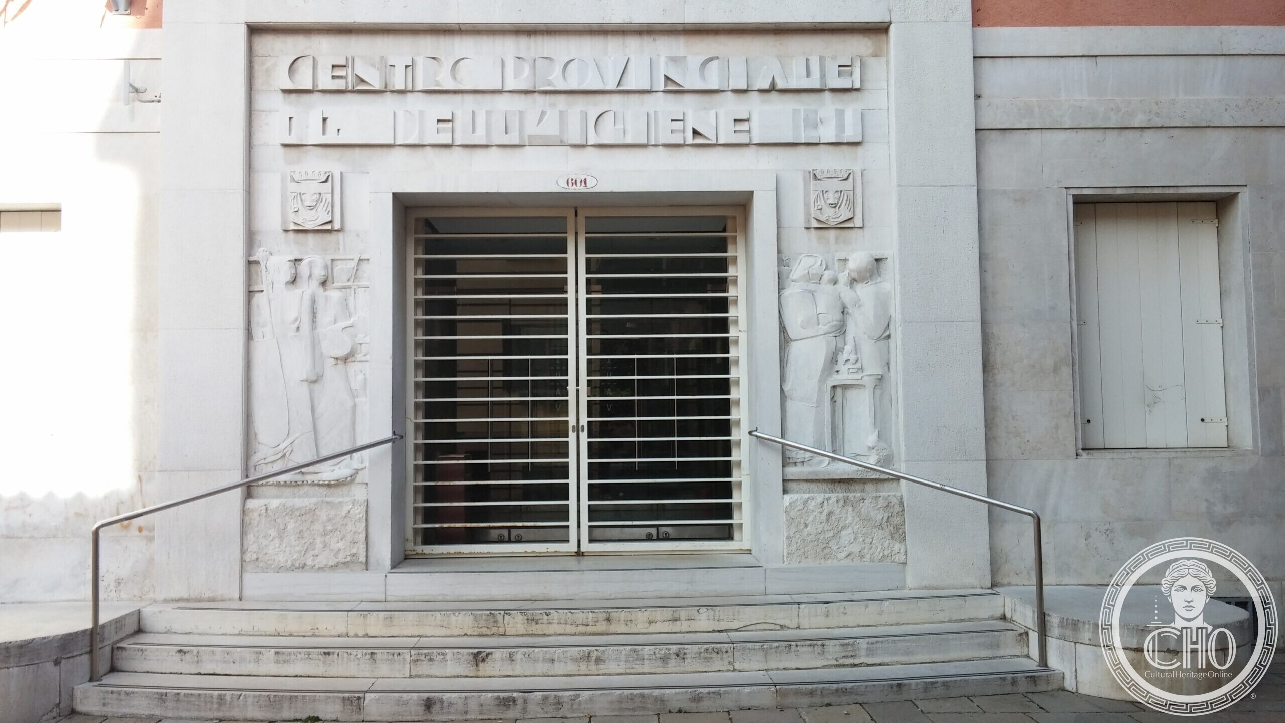 The carved inscription Centro Provinciale dell Igiene above the entrance of the former hygiene office in Venice