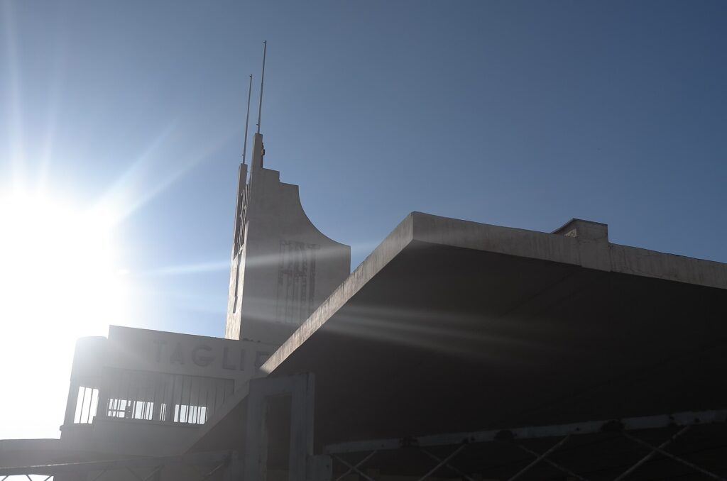 The Fiat Tagliero service station in Asmara, a central tower with two long concrete wings cantilevered without supports