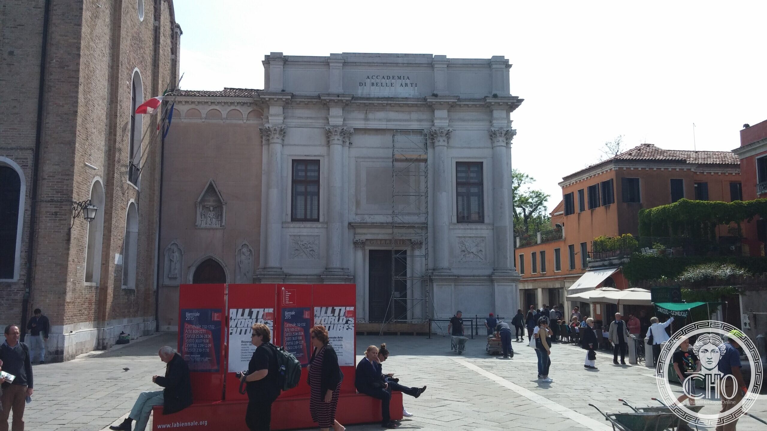 The facade of the Gallerie dell'Accademia in Venice, inscribed Accademia di Belle Arti, under scaffolding