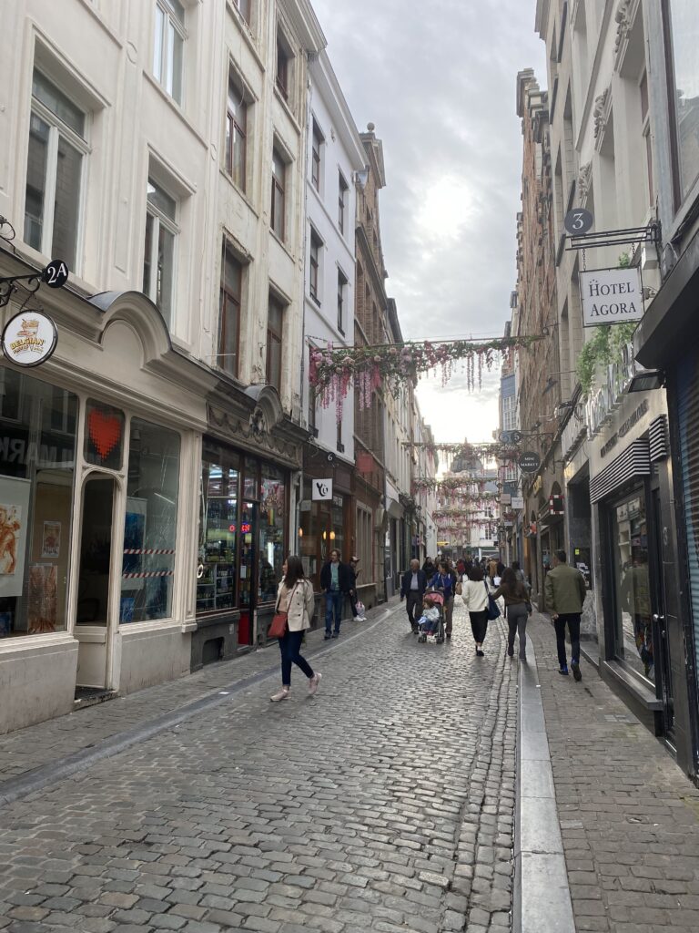 Narrow cobbled Rue des Éperonniers in Brussels with flower garlands across the street and, on the right, the hanging signs of number 3 and the Hotel Agora on a pale rendered front