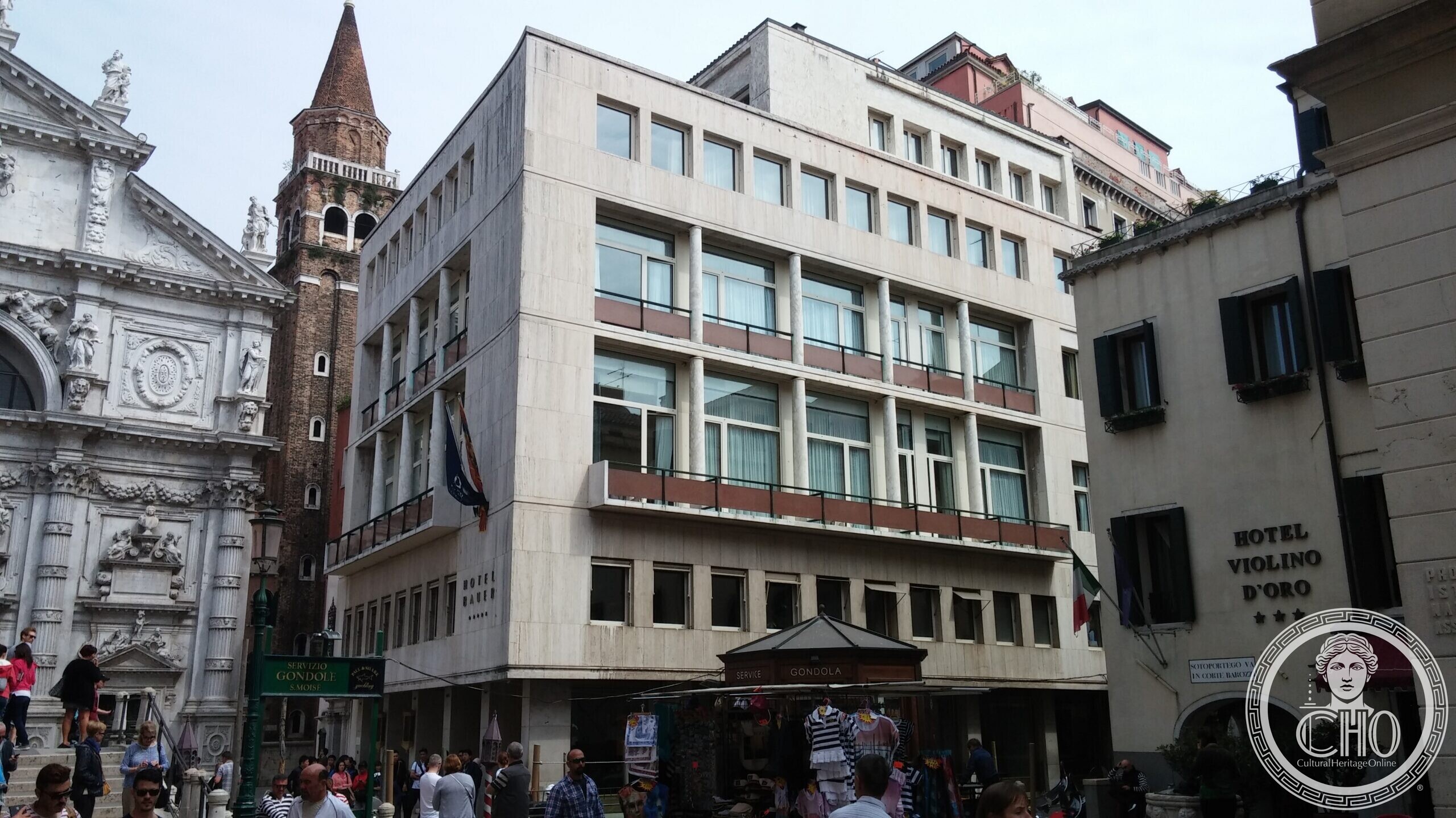 The twentieth-century wing of the Hotel Bauer in Venice, beside the Baroque facade and campanile of San Moise