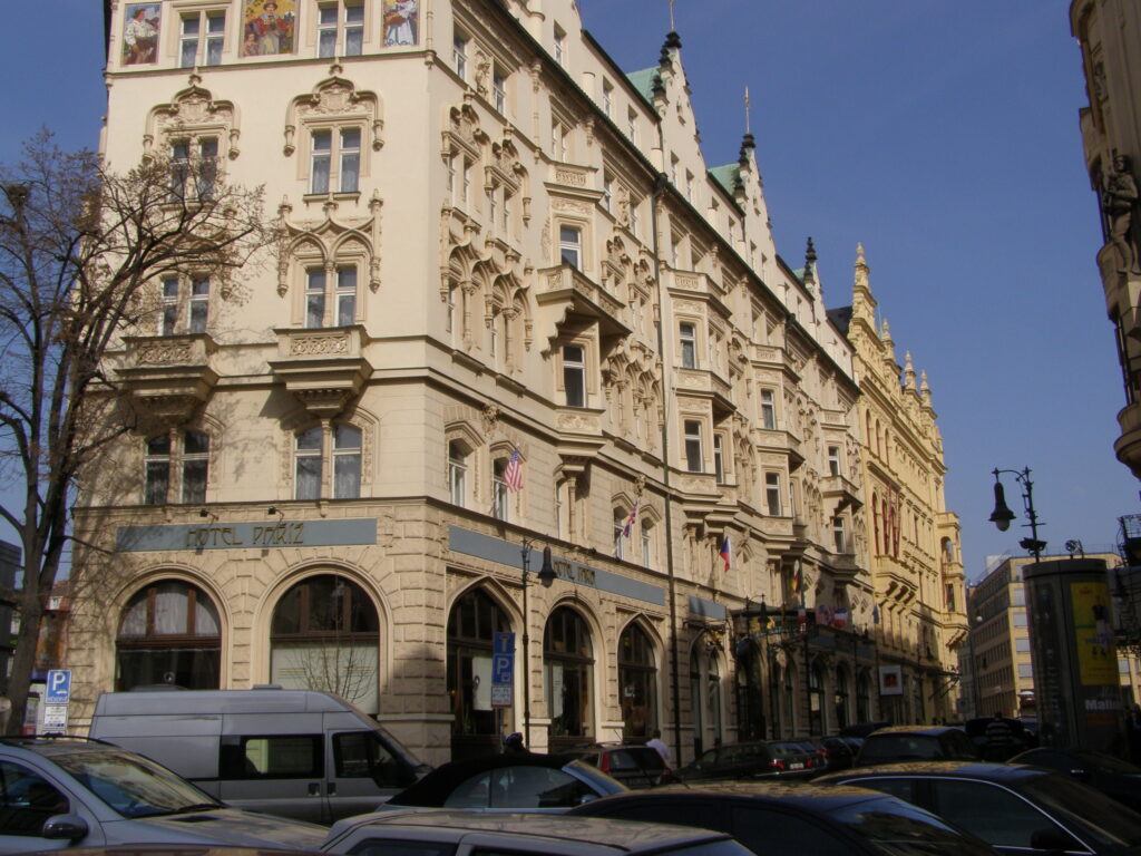 Hotel Pariz in Prague, its neo-Gothic and Art Nouveau front beside the Municipal House