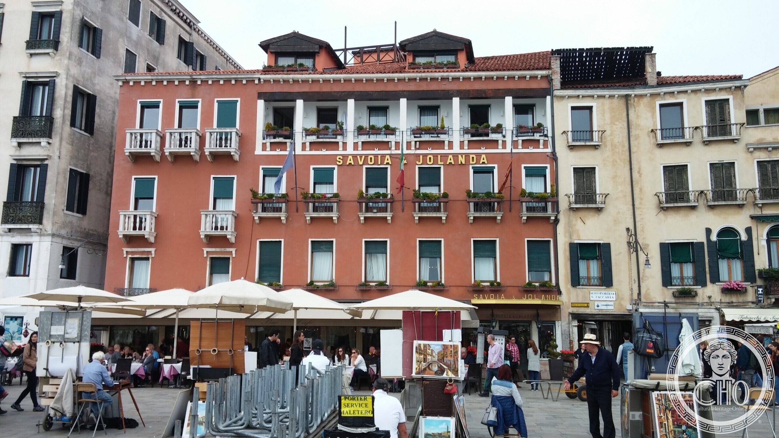 The Hotel Savoia and Jolanda on the Riva degli Schiavoni in Venice, its name in gold letters across the facade