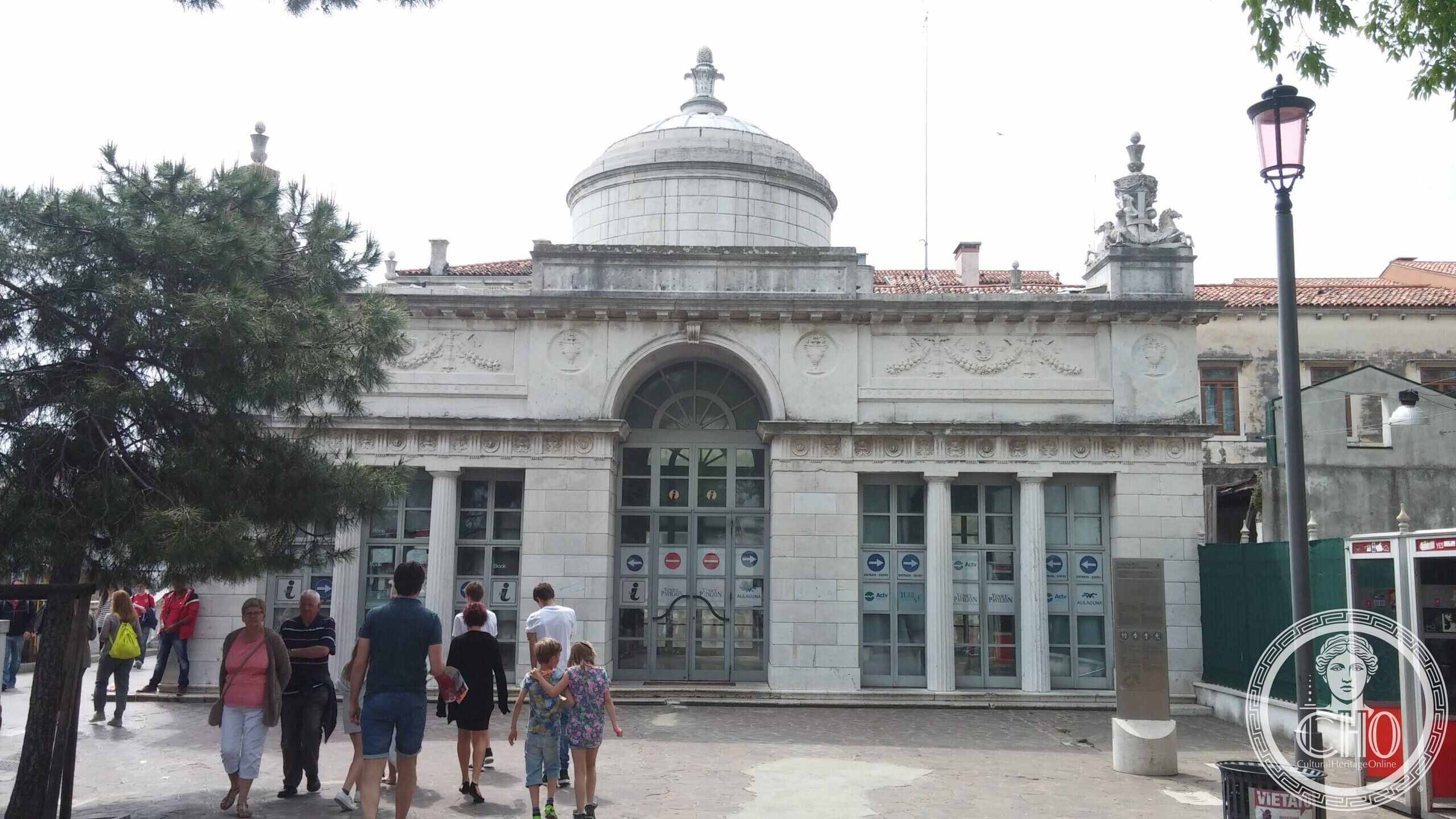 The neoclassical Kaffeehaus pavilion in the Royal Gardens of Venice, with its shallow dome and columned front