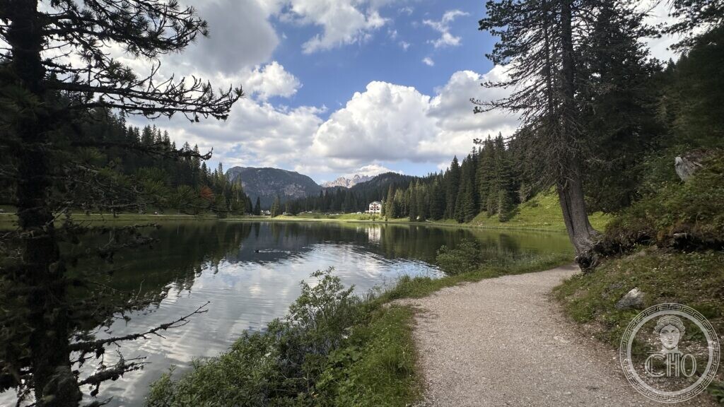 Lake Misurina with the Dolomites in the background