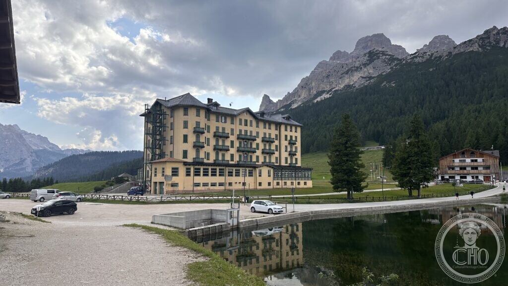 Side view of the former Grand Hotel Misurina with its external metal fire escape, added when the building became a clinic