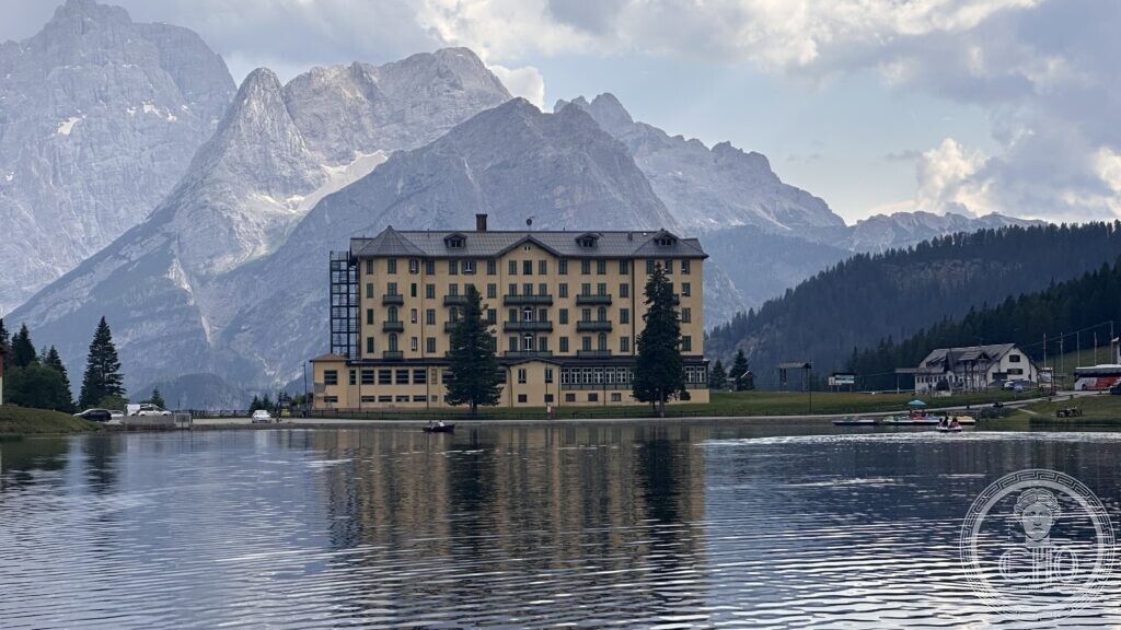 The former Grand Hotel Misurina from across the lake, a closer view