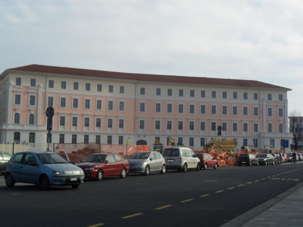 Facade of the former workers hotel in the planned industrial company town of Panzano