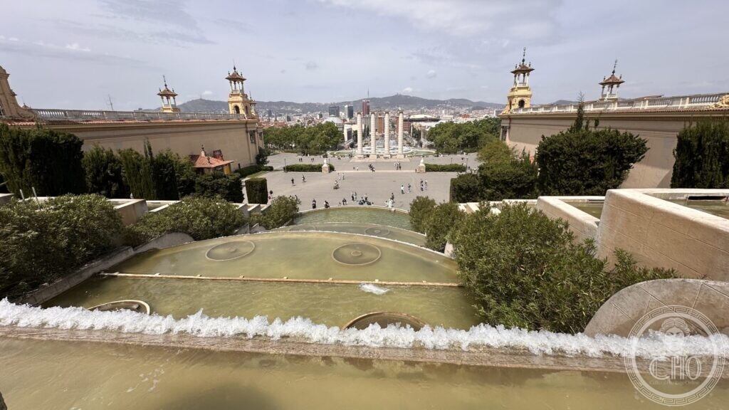 A view down the terraced gardens and pools of Montjuic from the Palau Nacional