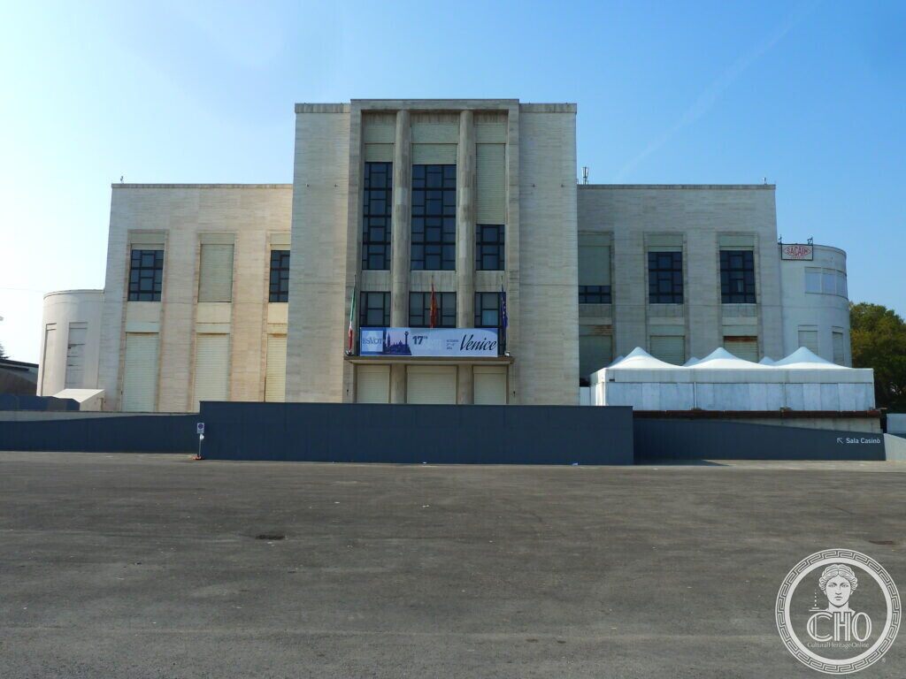 Front facade of the Palazzo del Casino on the Lido di Venezia, with the travertine central portal of fluted pilasters