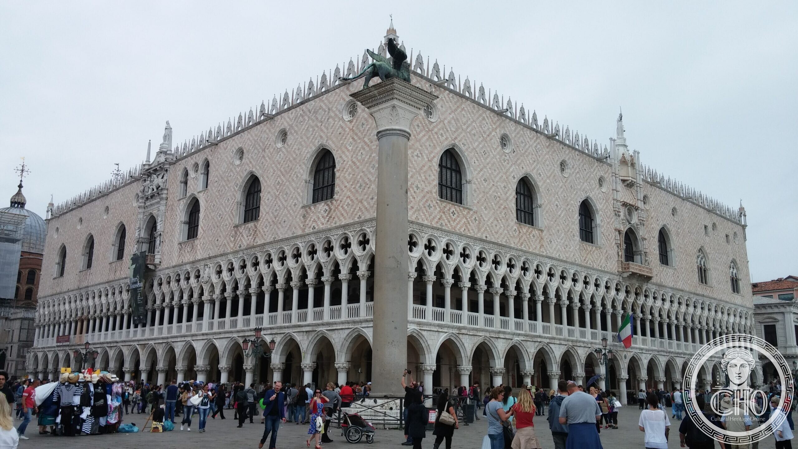 The Doge's Palace and the two columns of the Piazzetta seen from across the water, with moored gondolas in the foreground