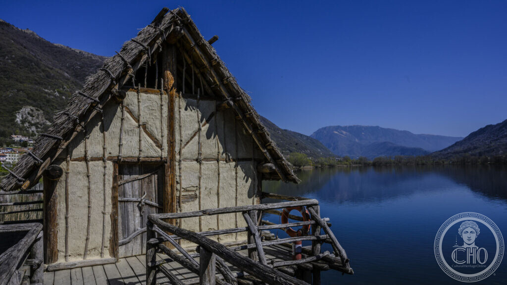 The lake landscape seen from the reconstructed village of the Livelet park