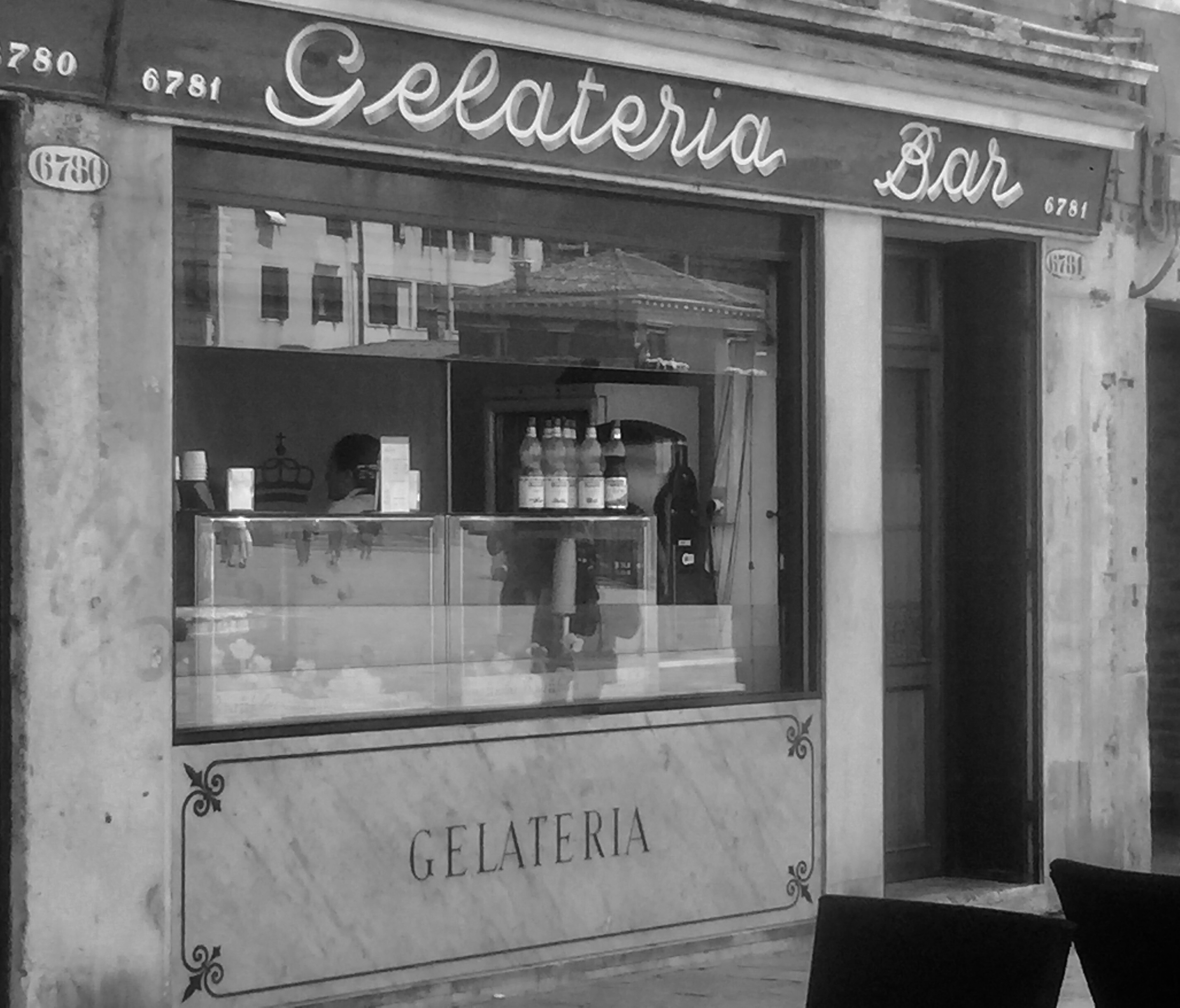 Vintage script sign and marble counter at Rosa Salva Gelateria Bar on Campo Santi Giovanni e Paolo in Venice