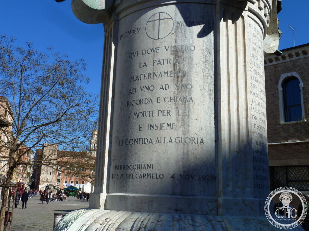 Inscribed marble base of the Campo Santa Margherita war memorial, dated 4 November 1925